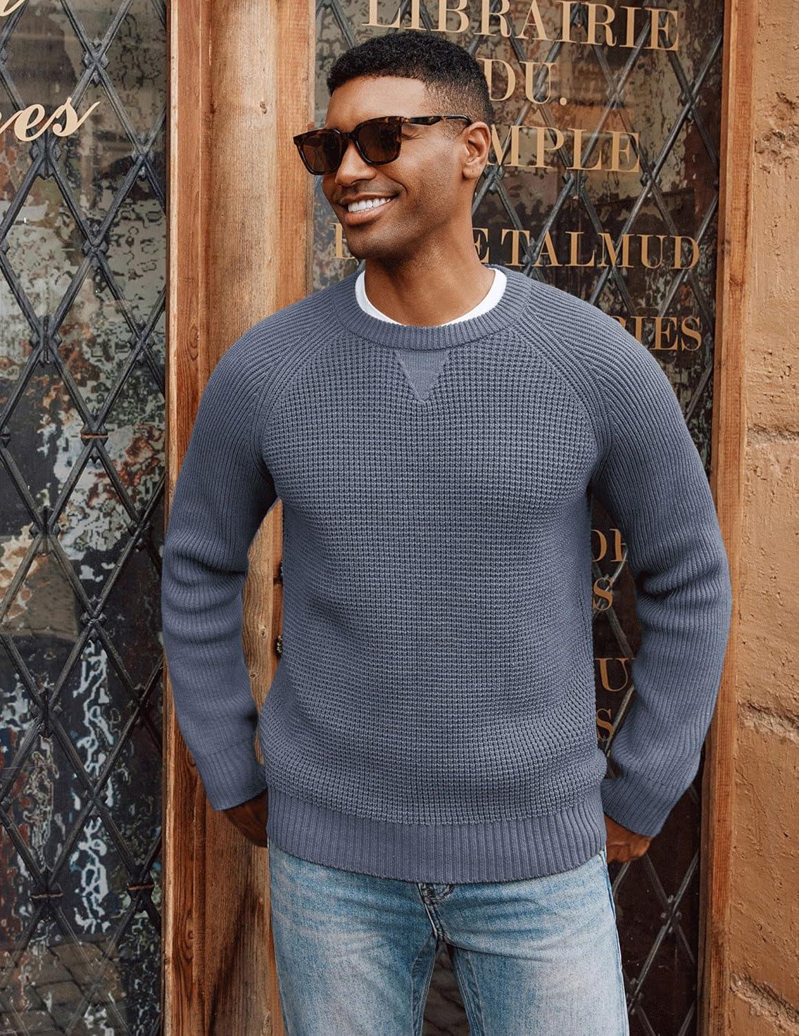 imagePJ PAUL JONES Mens Crewneck Sweater Waffle Knitted Pullover Sweaters Raglan Sleeve Knitwear SweatersBlue Grey