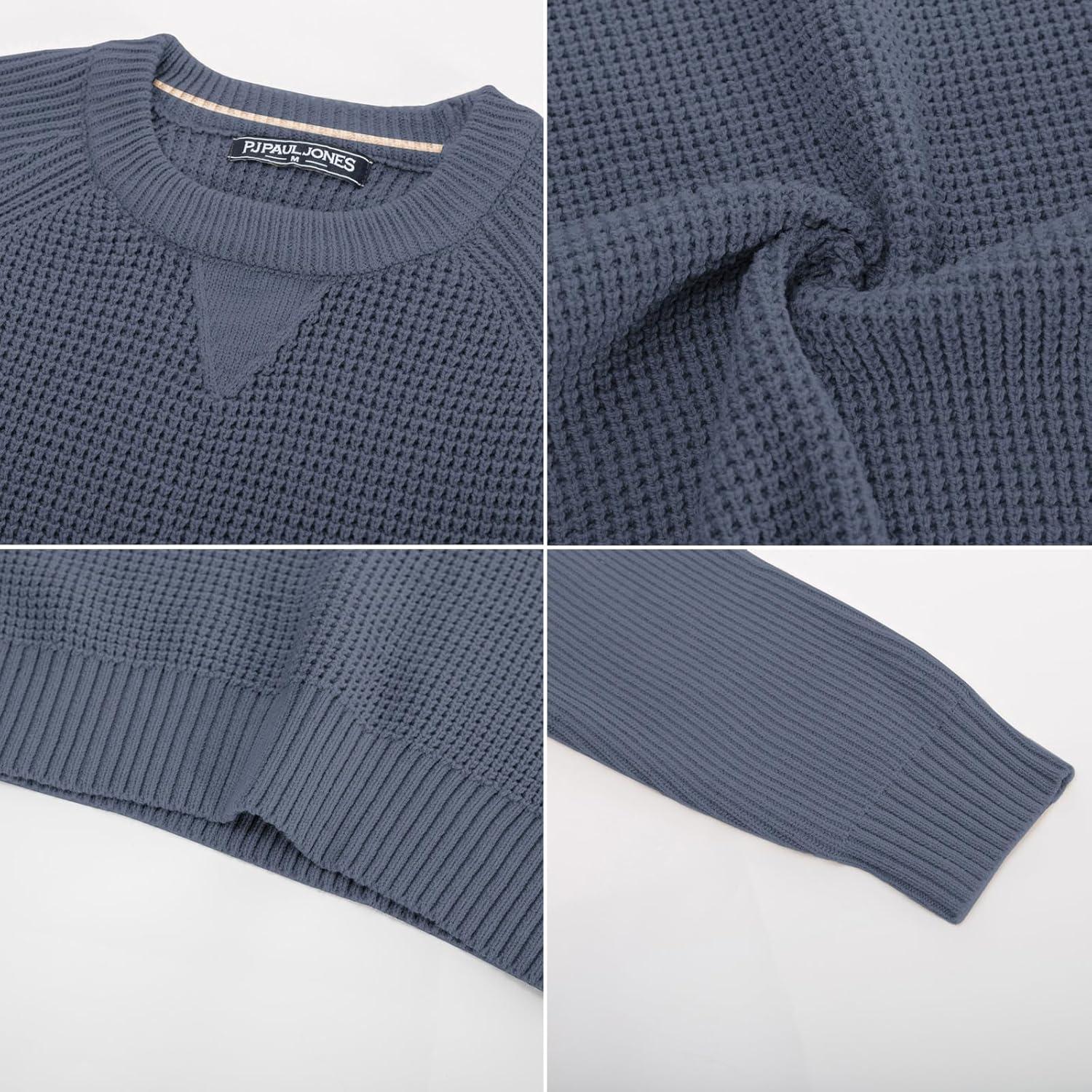 imagePJ PAUL JONES Mens Crewneck Sweater Waffle Knitted Pullover Sweaters Raglan Sleeve Knitwear SweatersBlue Grey