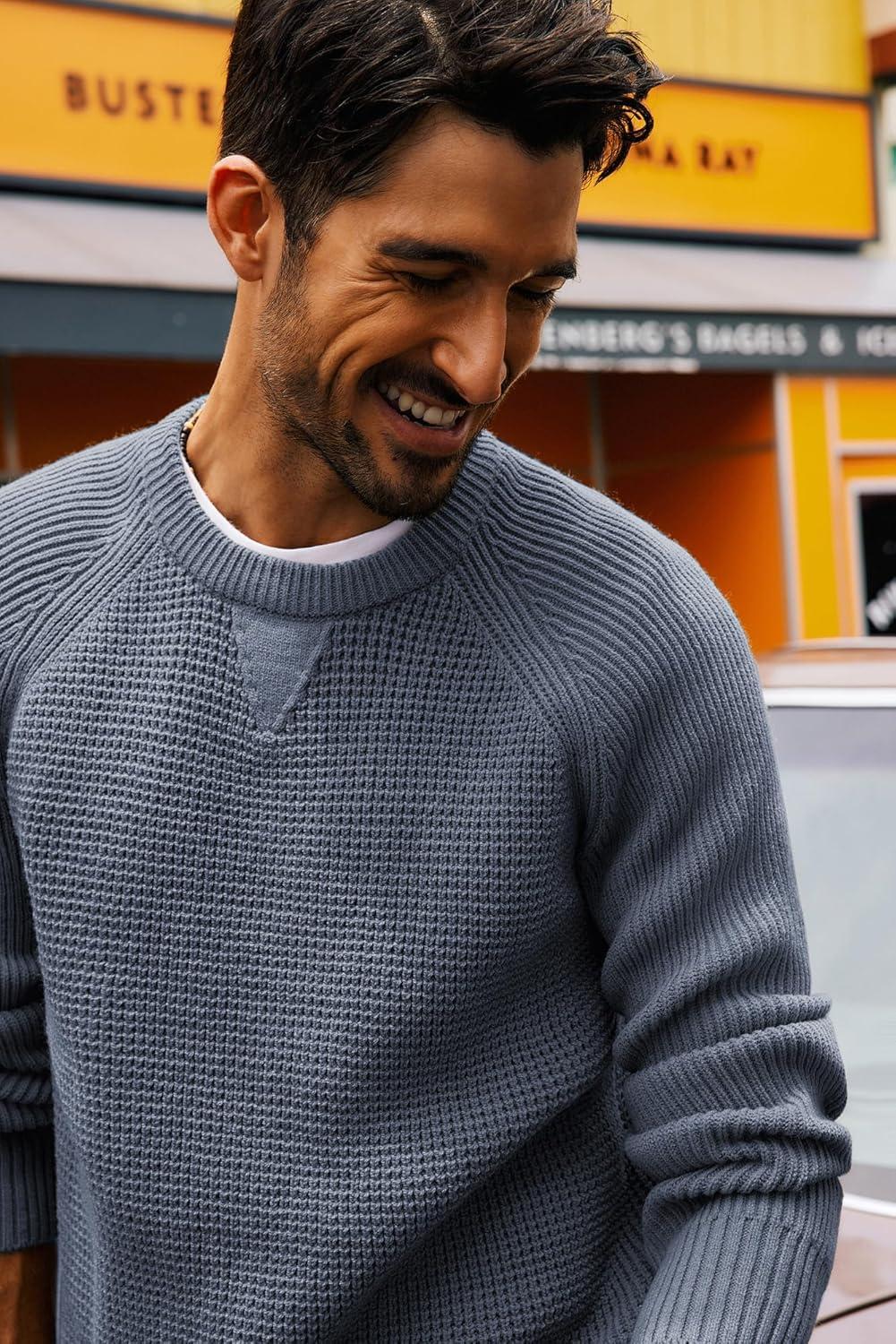 imagePJ PAUL JONES Mens Crewneck Sweater Waffle Knitted Pullover Sweaters Raglan Sleeve Knitwear SweatersBlue Grey