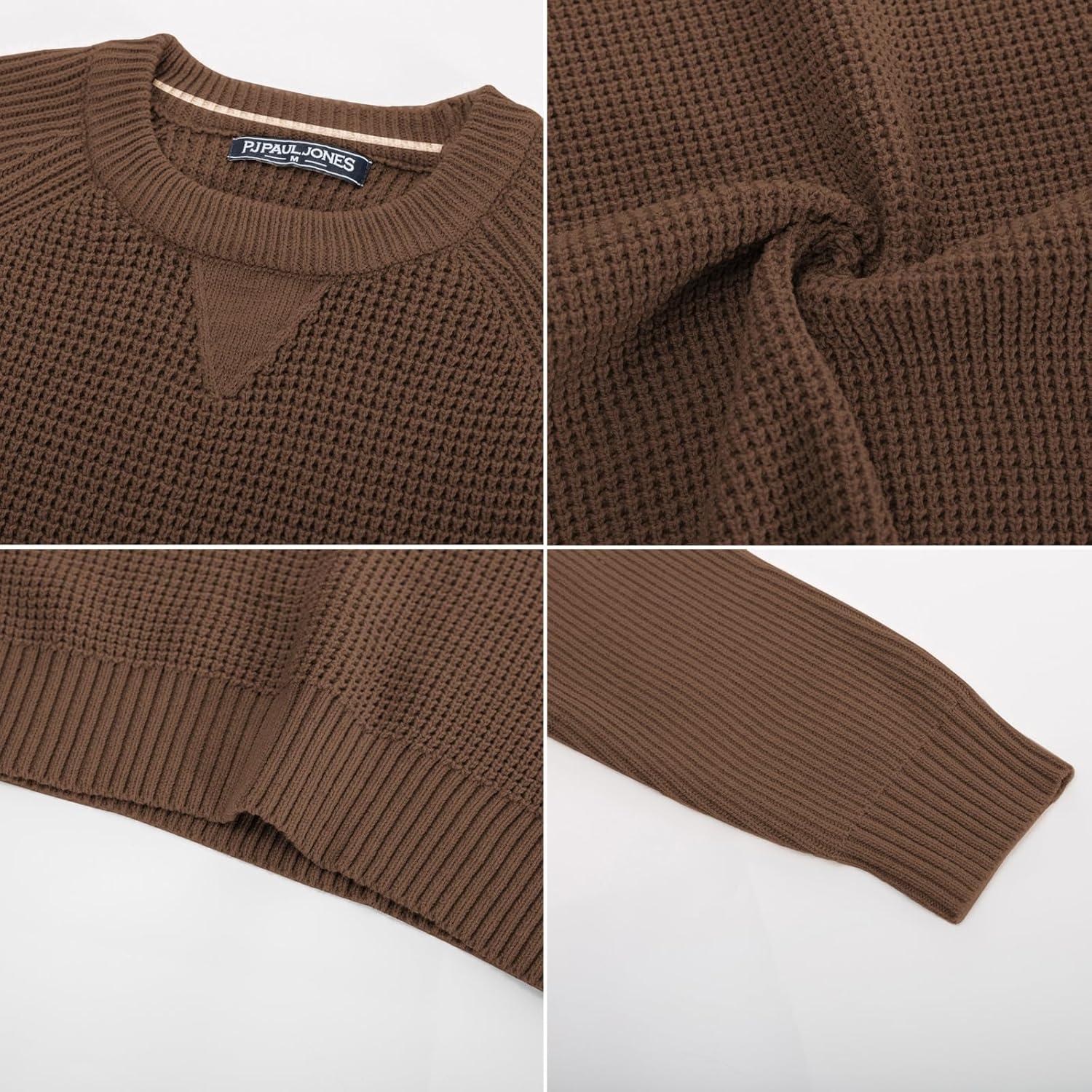 imagePJ PAUL JONES Mens Crewneck Sweater Waffle Knitted Pullover Sweaters Raglan Sleeve Knitwear SweatersCamel