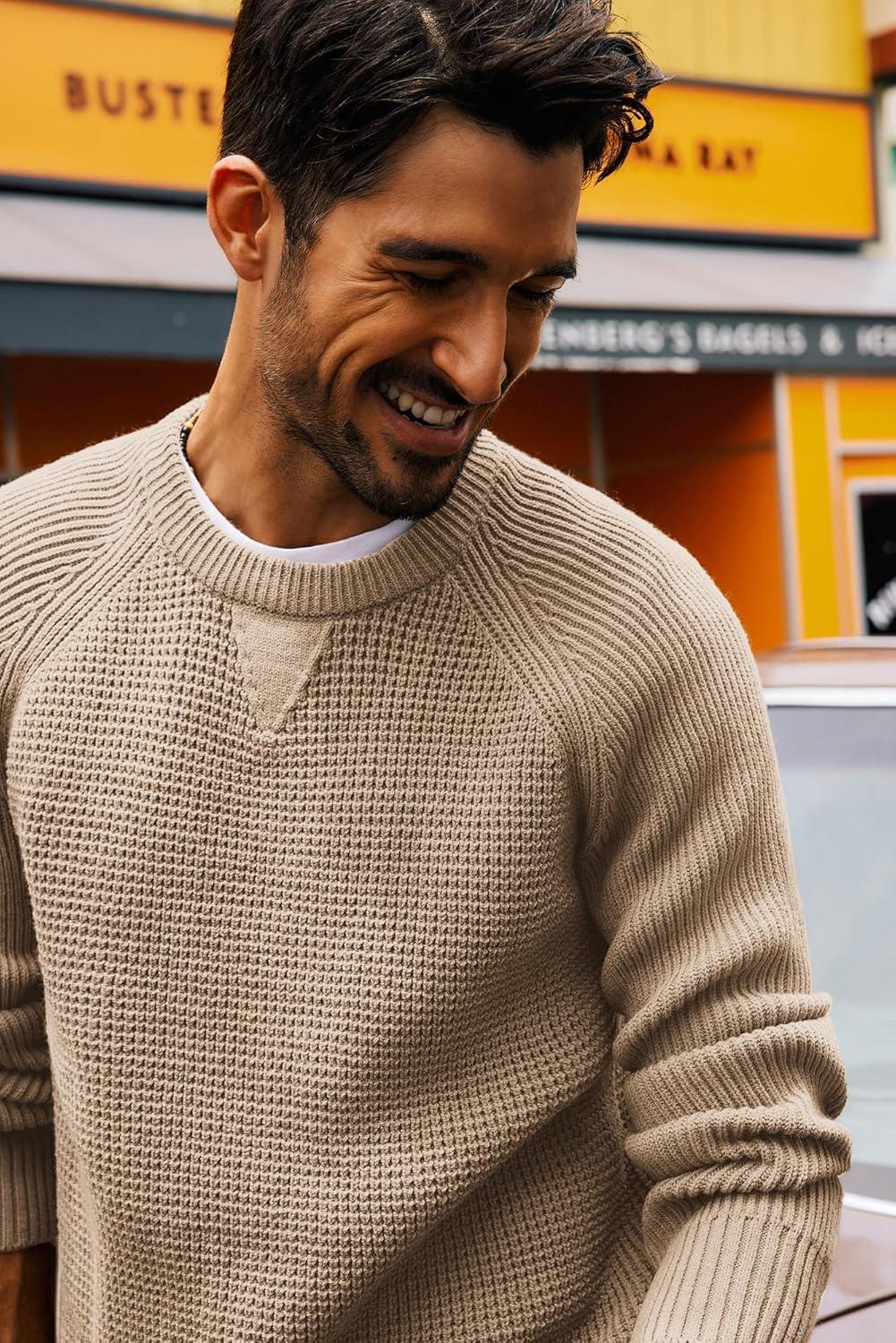 imagePJ PAUL JONES Mens Crewneck Sweater Waffle Knitted Pullover Sweaters Raglan Sleeve Knitwear SweatersKhaki