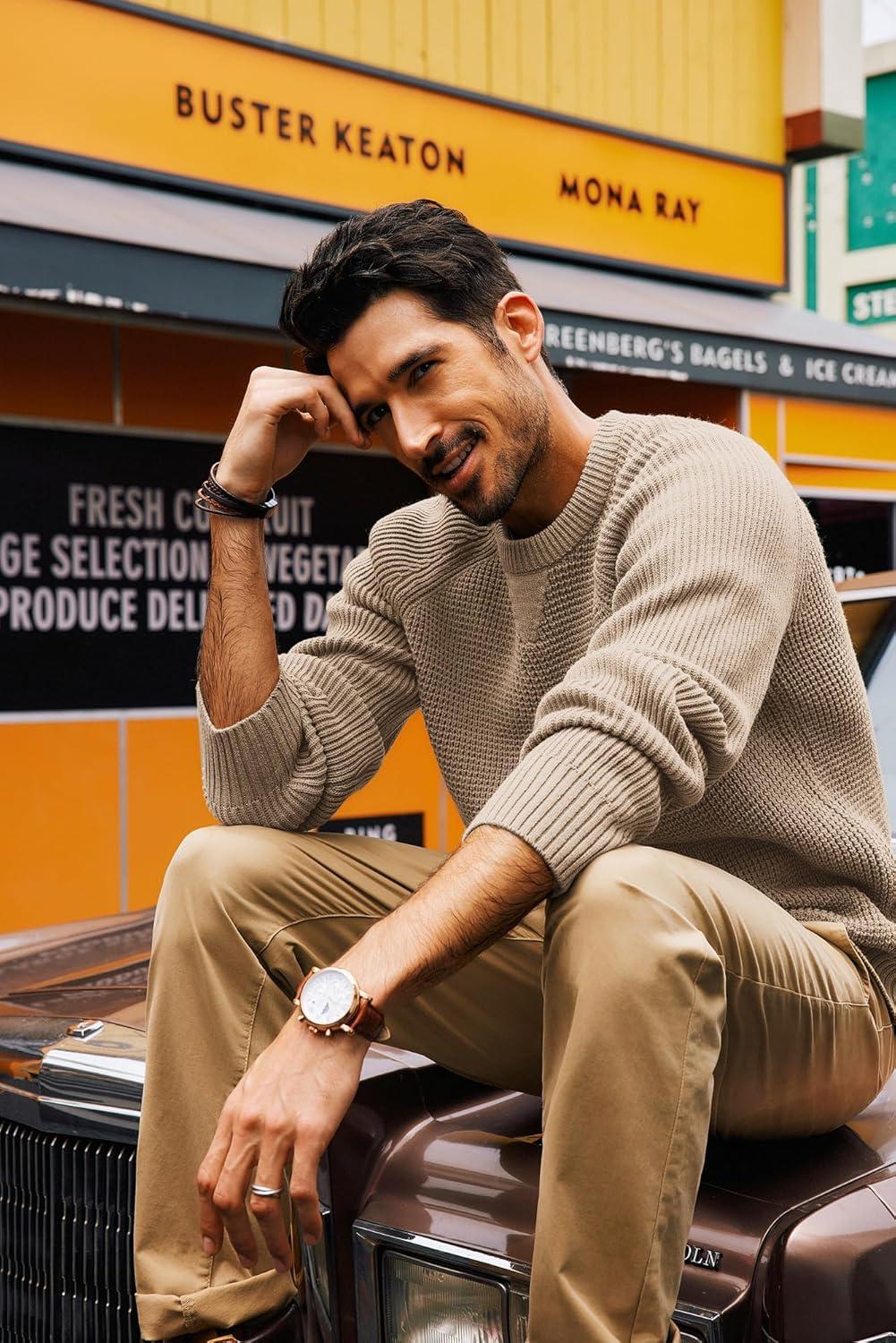 imagePJ PAUL JONES Mens Crewneck Sweater Waffle Knitted Pullover Sweaters Raglan Sleeve Knitwear SweatersKhaki