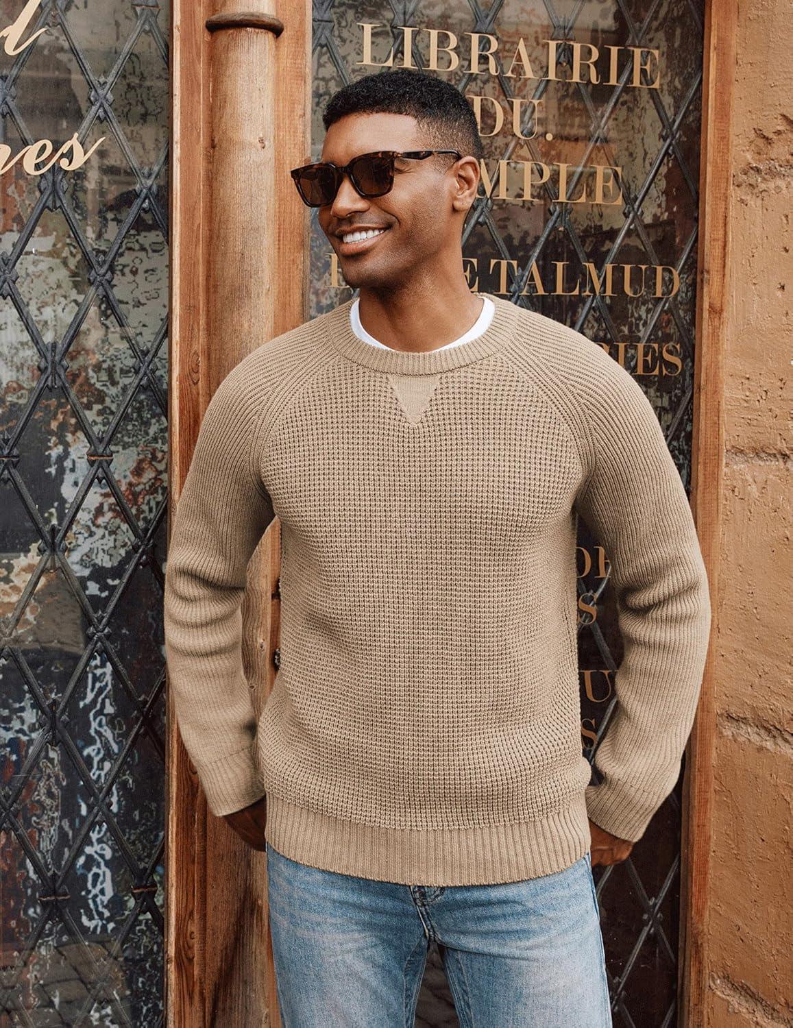 imagePJ PAUL JONES Mens Crewneck Sweater Waffle Knitted Pullover Sweaters Raglan Sleeve Knitwear SweatersKhaki