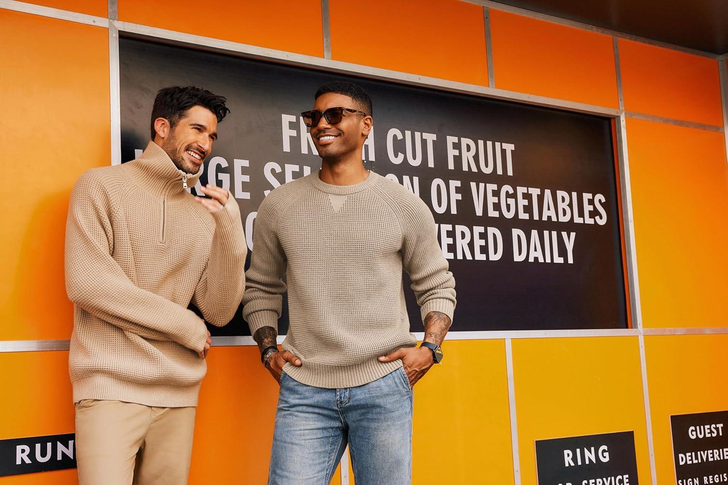 imagePJ PAUL JONES Mens Crewneck Sweater Waffle Knitted Pullover Sweaters Raglan Sleeve Knitwear SweatersKhaki