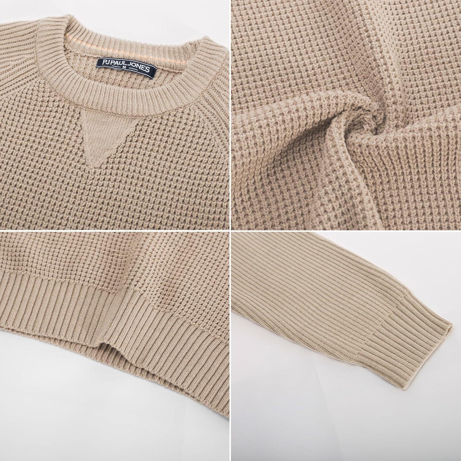 imagePJ PAUL JONES Mens Crewneck Sweater Waffle Knitted Pullover Sweaters Raglan Sleeve Knitwear SweatersKhaki