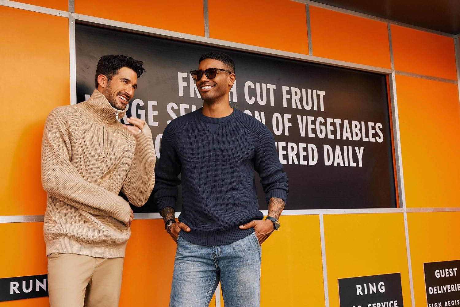 imagePJ PAUL JONES Mens Crewneck Sweater Waffle Knitted Pullover Sweaters Raglan Sleeve Knitwear SweatersNavy Blue