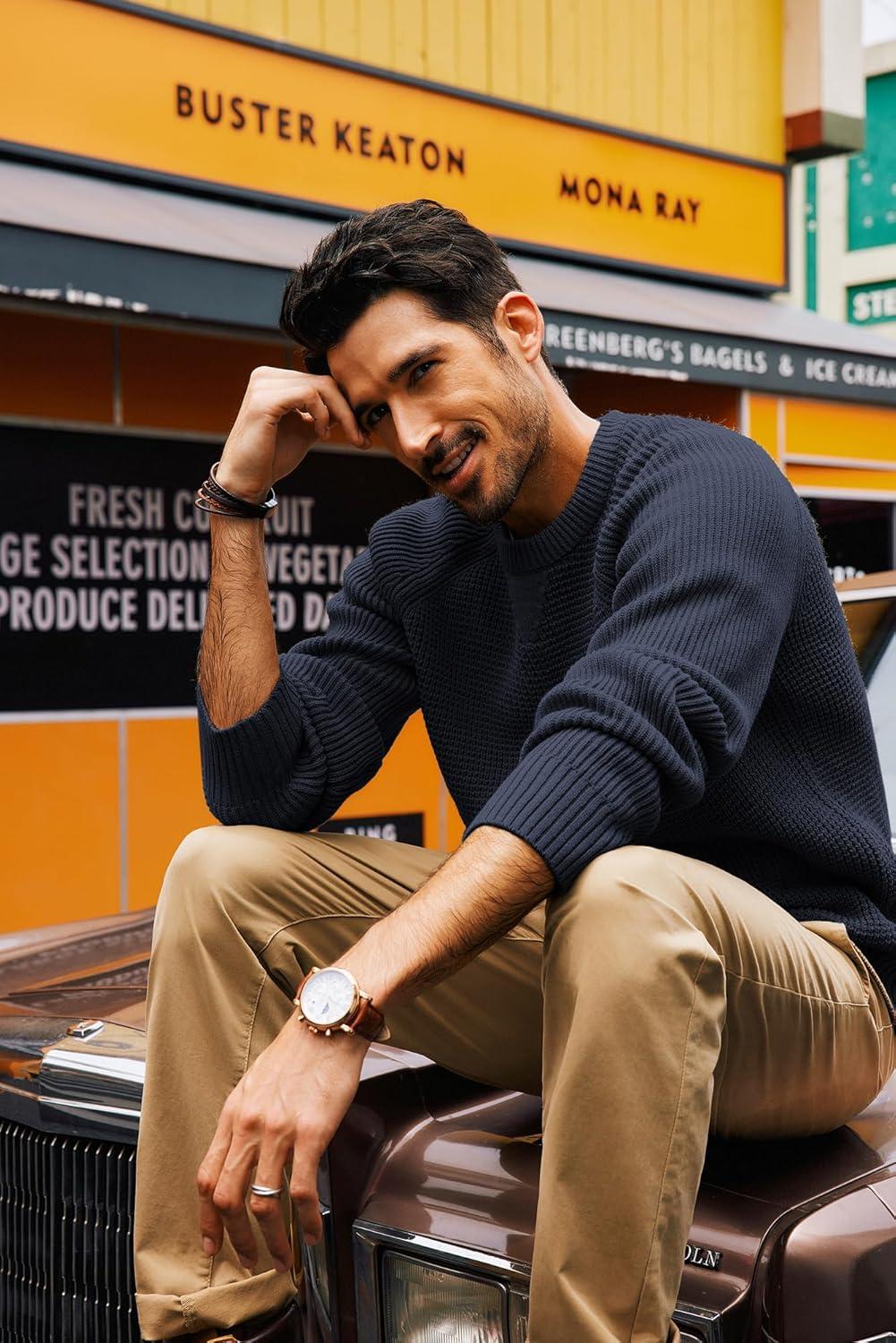 imagePJ PAUL JONES Mens Crewneck Sweater Waffle Knitted Pullover Sweaters Raglan Sleeve Knitwear SweatersNavy Blue