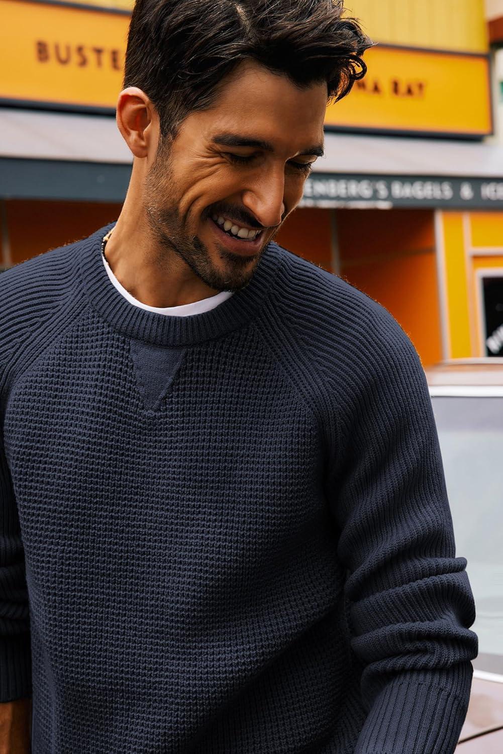 imagePJ PAUL JONES Mens Crewneck Sweater Waffle Knitted Pullover Sweaters Raglan Sleeve Knitwear SweatersNavy Blue