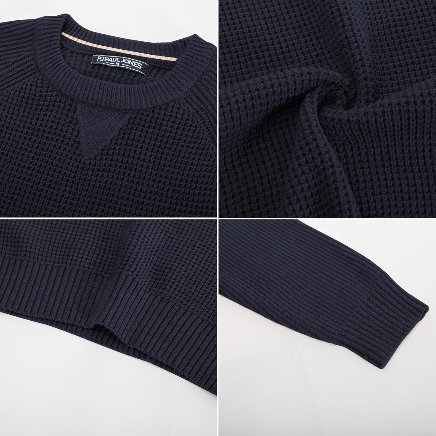 imagePJ PAUL JONES Mens Crewneck Sweater Waffle Knitted Pullover Sweaters Raglan Sleeve Knitwear SweatersNavy Blue