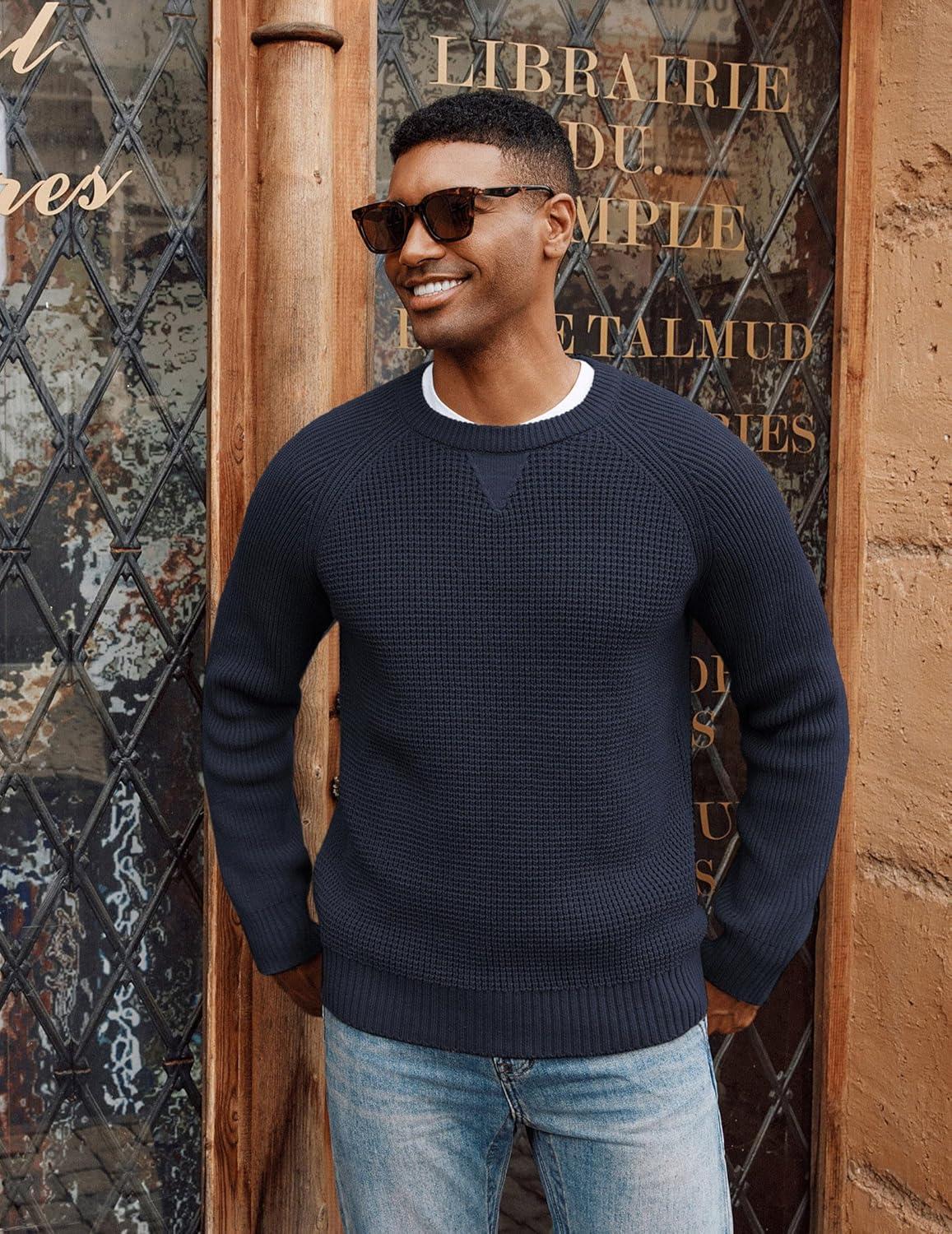 imagePJ PAUL JONES Mens Crewneck Sweater Waffle Knitted Pullover Sweaters Raglan Sleeve Knitwear SweatersNavy Blue