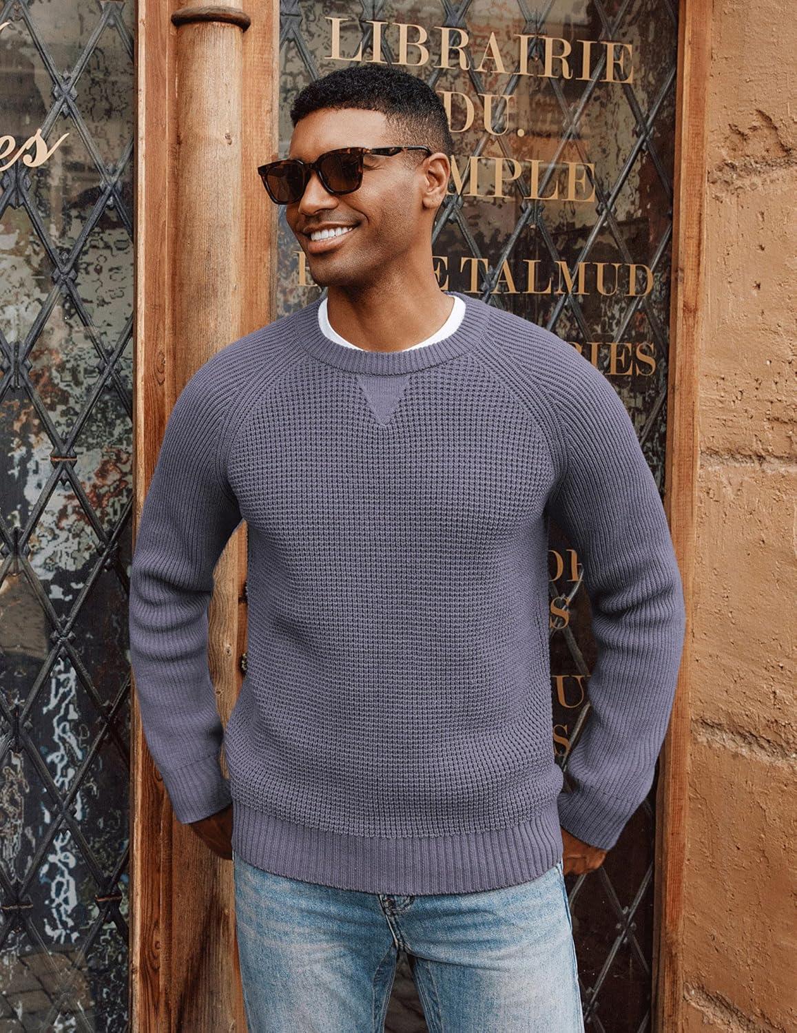 imagePJ PAUL JONES Mens Crewneck Sweater Waffle Knitted Pullover Sweaters Raglan Sleeve Knitwear SweatersPurple