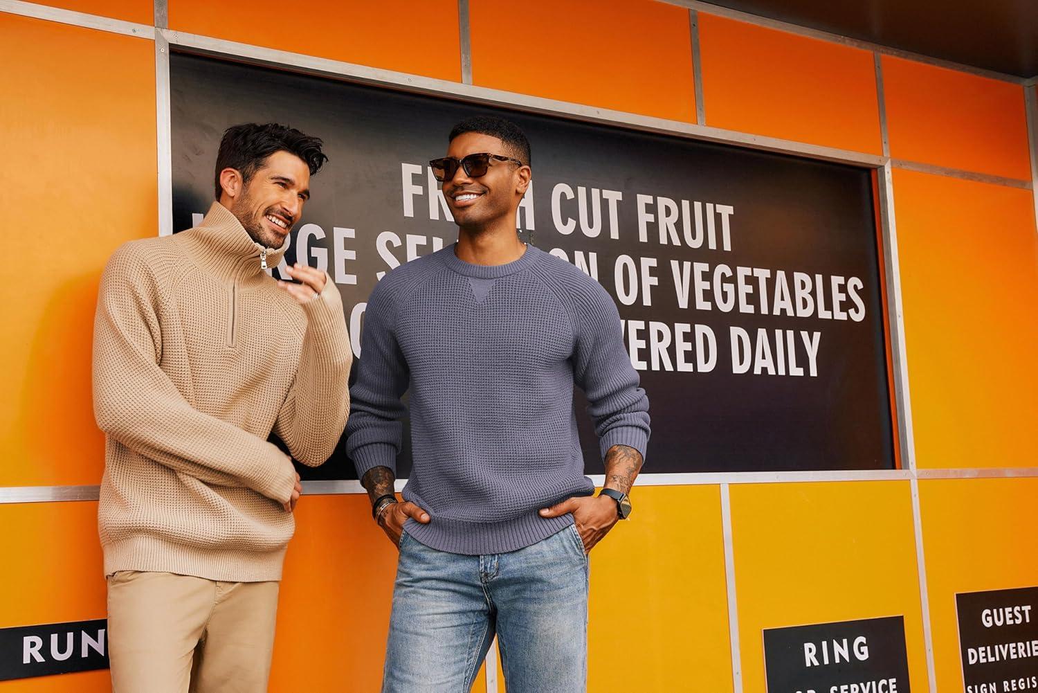 imagePJ PAUL JONES Mens Crewneck Sweater Waffle Knitted Pullover Sweaters Raglan Sleeve Knitwear SweatersPurple