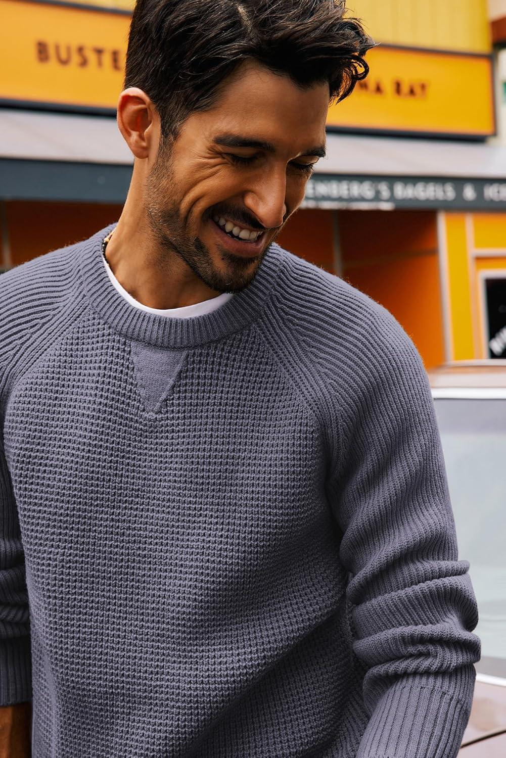 imagePJ PAUL JONES Mens Crewneck Sweater Waffle Knitted Pullover Sweaters Raglan Sleeve Knitwear SweatersPurple