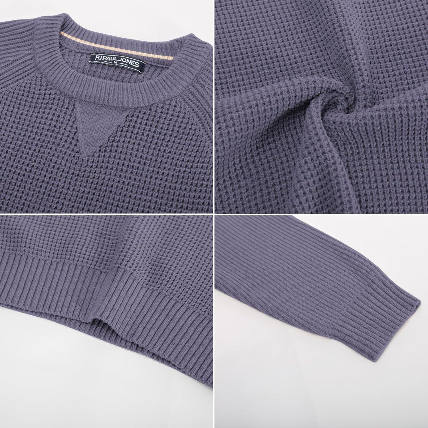 imagePJ PAUL JONES Mens Crewneck Sweater Waffle Knitted Pullover Sweaters Raglan Sleeve Knitwear SweatersPurple