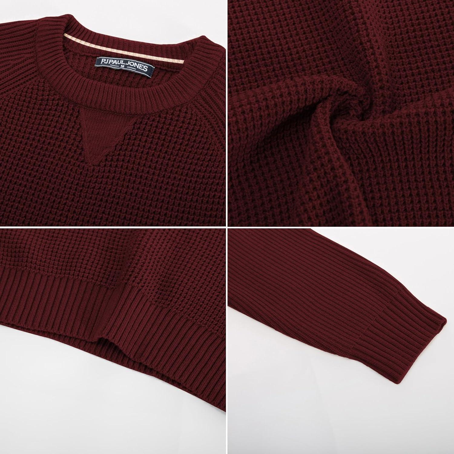 imagePJ PAUL JONES Mens Crewneck Sweater Waffle Knitted Pullover Sweaters Raglan Sleeve Knitwear SweatersWine