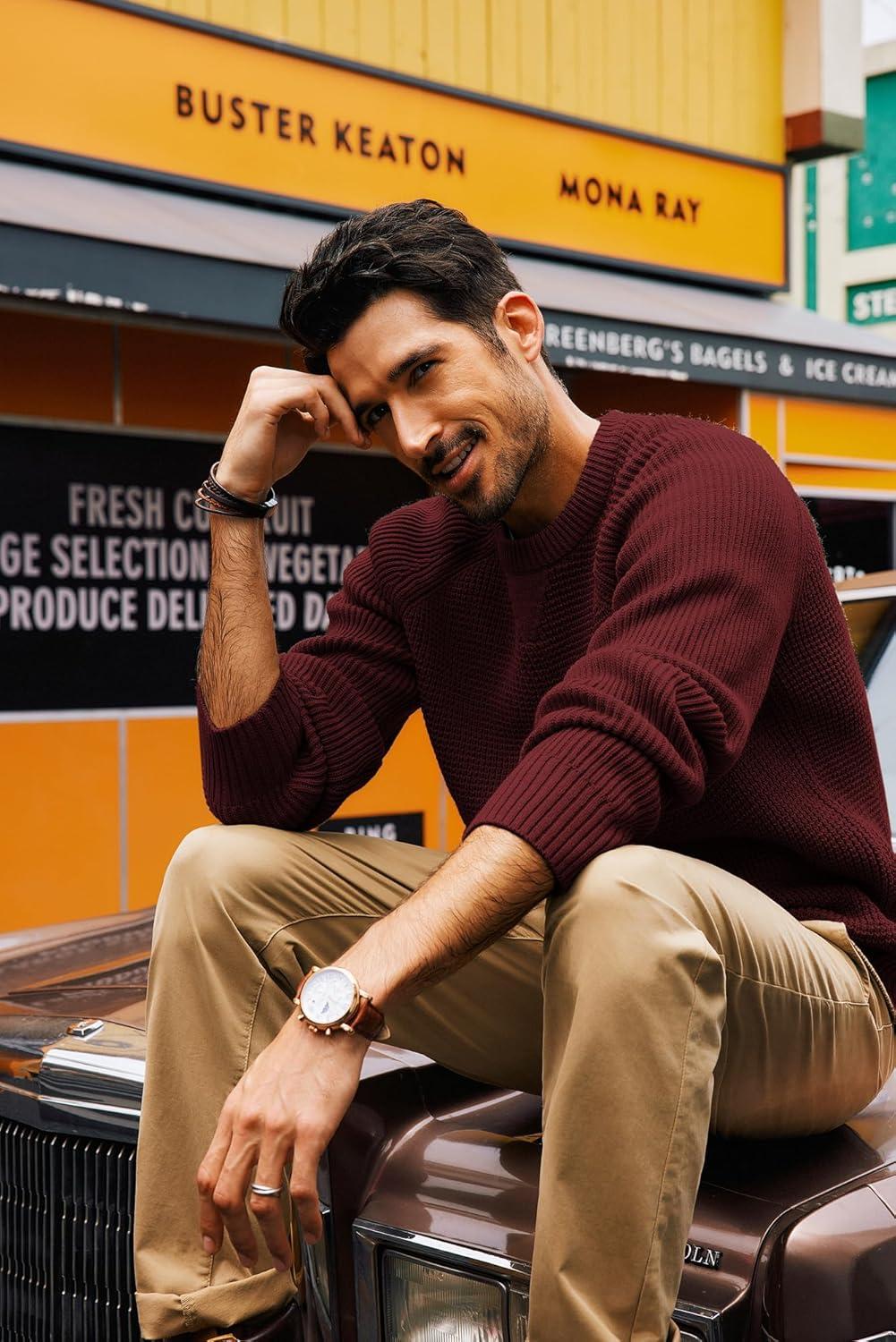 imagePJ PAUL JONES Mens Crewneck Sweater Waffle Knitted Pullover Sweaters Raglan Sleeve Knitwear SweatersWine