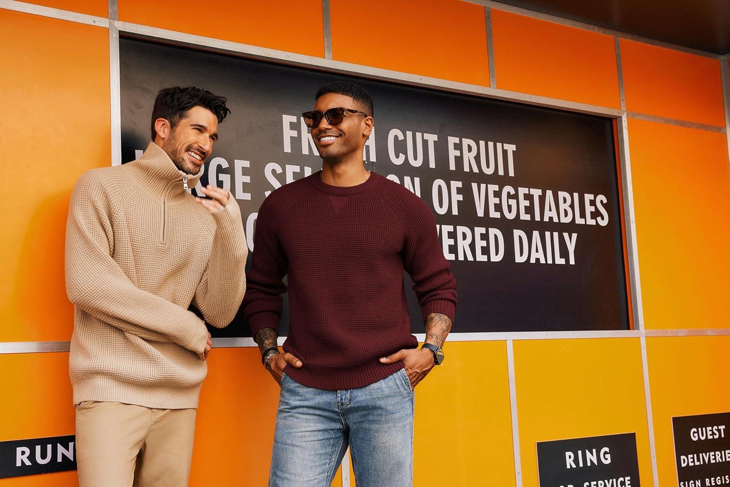 imagePJ PAUL JONES Mens Crewneck Sweater Waffle Knitted Pullover Sweaters Raglan Sleeve Knitwear SweatersWine