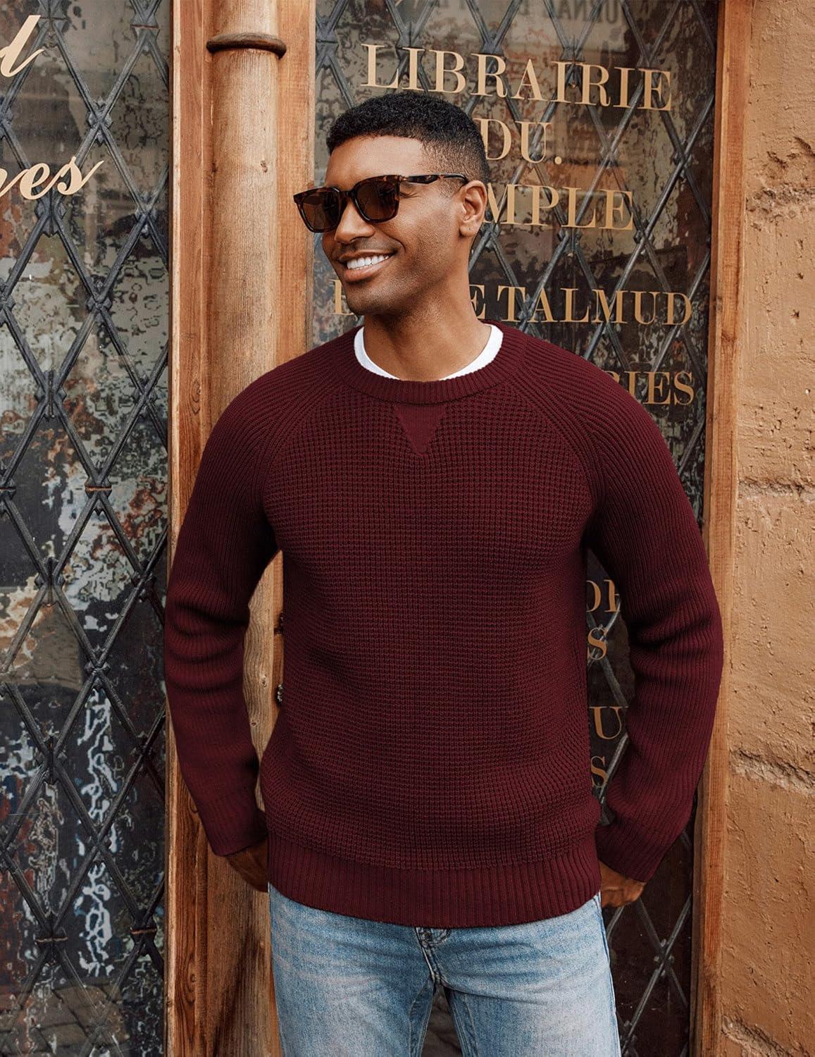 imagePJ PAUL JONES Mens Crewneck Sweater Waffle Knitted Pullover Sweaters Raglan Sleeve Knitwear SweatersWine