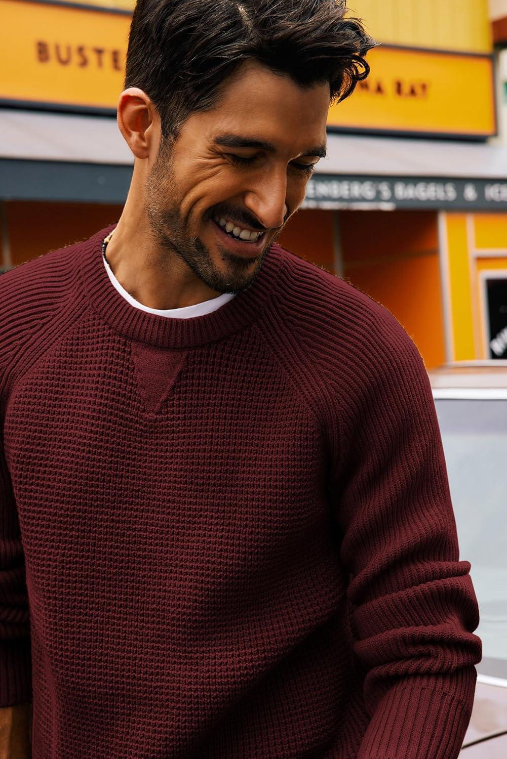 imagePJ PAUL JONES Mens Crewneck Sweater Waffle Knitted Pullover Sweaters Raglan Sleeve Knitwear SweatersWine