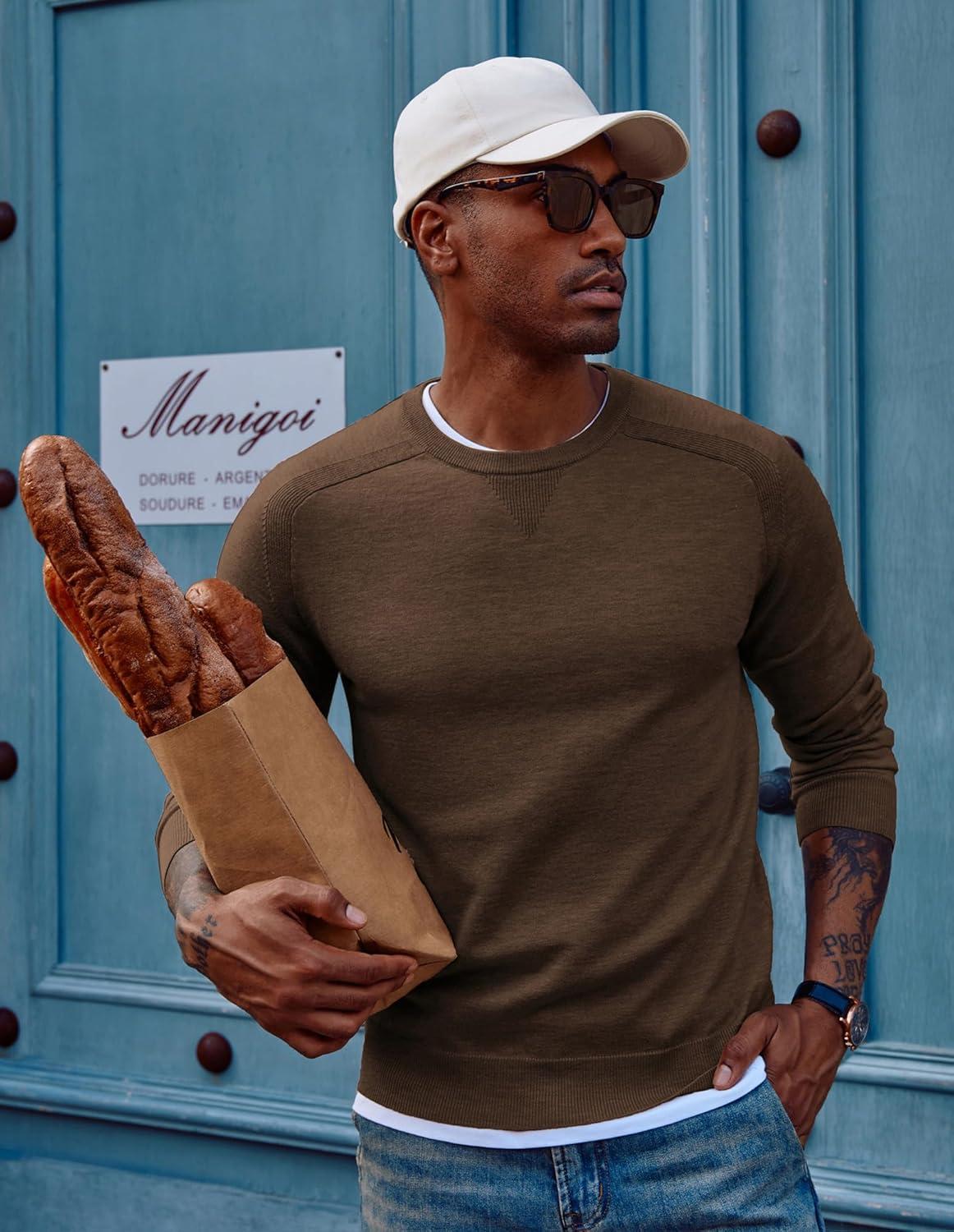 imagePJ PAUL JONES Mens Crewneck Sweaters Casual Crew Neck Sweatshirt Wool Blend Knit PulloversBeige