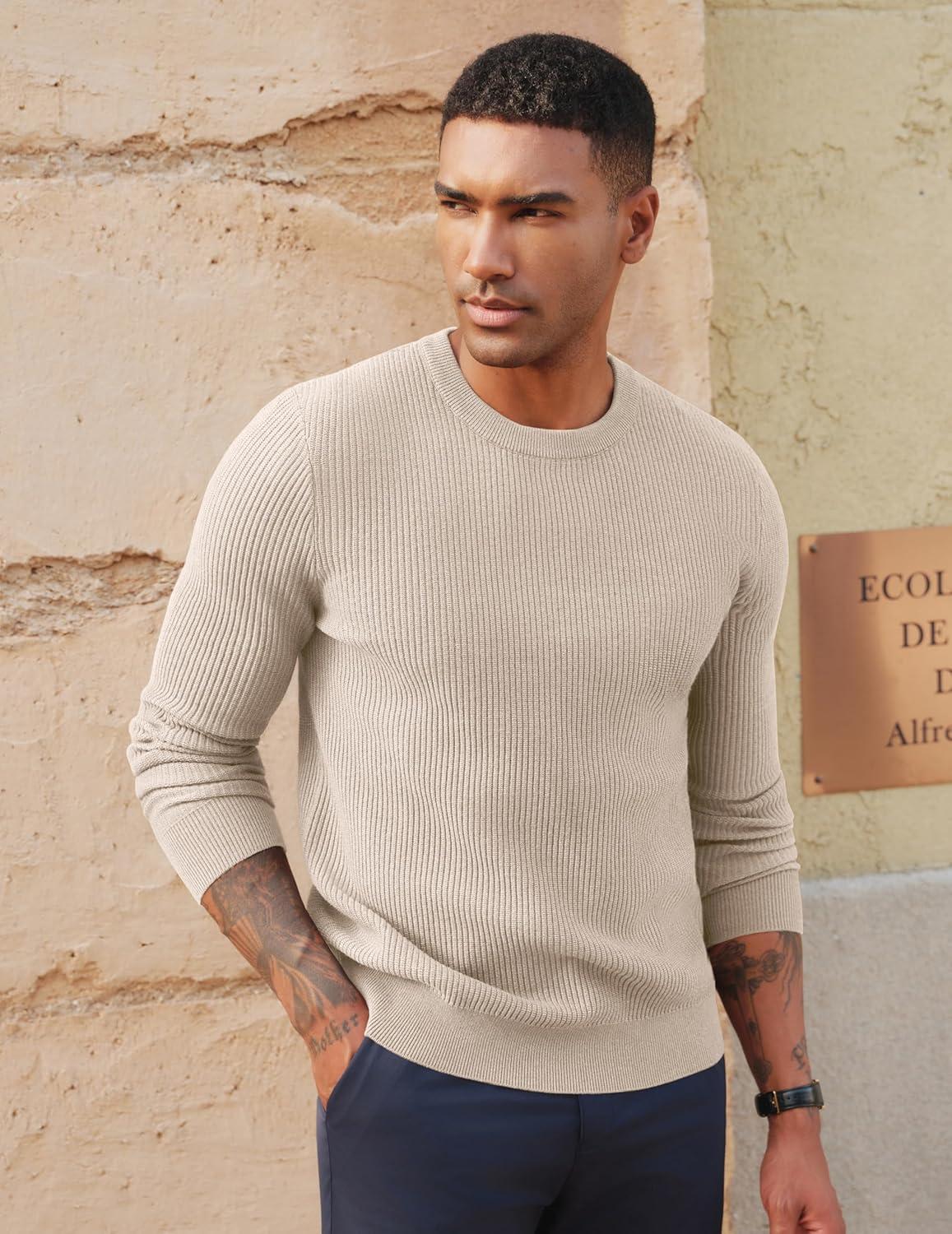imagePJ PAUL JONES Mens Crewneck Sweaters Slim Fit Lightweight Knit Pullover Sweaters for CasualApricot