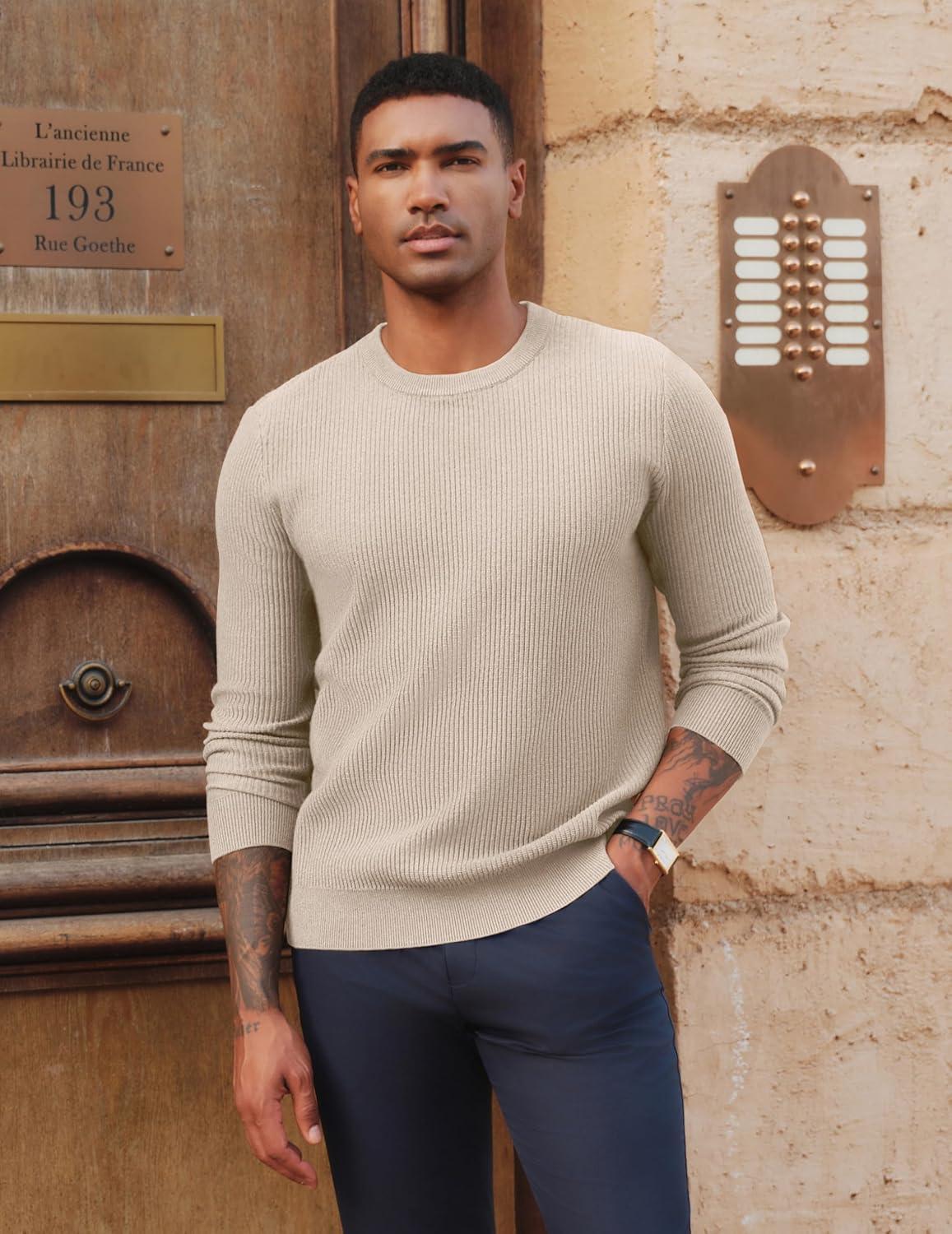 imagePJ PAUL JONES Mens Crewneck Sweaters Slim Fit Lightweight Knit Pullover Sweaters for CasualApricot
