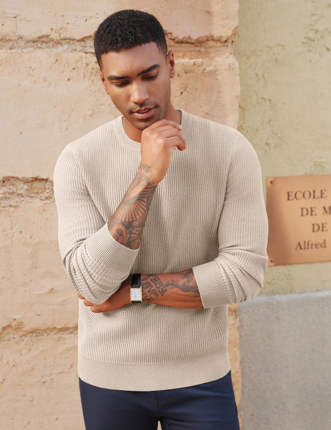 imagePJ PAUL JONES Mens Crewneck Sweaters Slim Fit Lightweight Knit Pullover Sweaters for CasualApricot