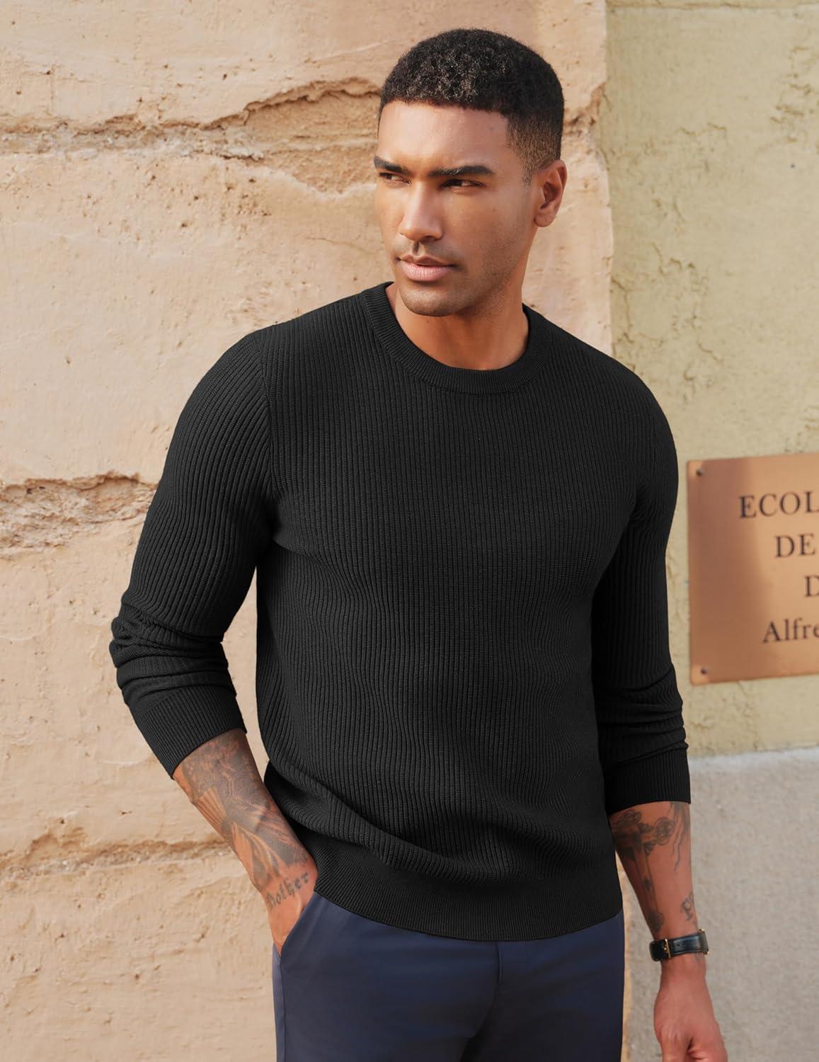 imagePJ PAUL JONES Mens Crewneck Sweaters Slim Fit Lightweight Knit Pullover Sweaters for CasualBlack