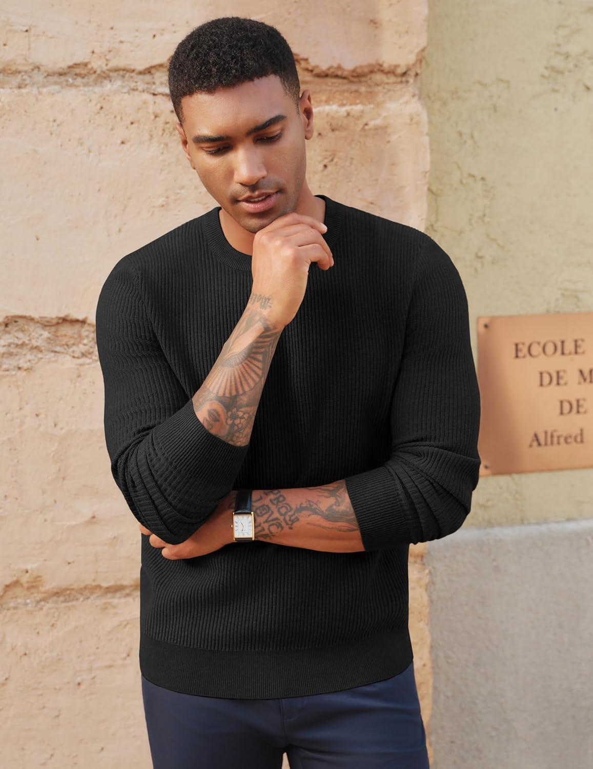 imagePJ PAUL JONES Mens Crewneck Sweaters Slim Fit Lightweight Knit Pullover Sweaters for CasualBlack