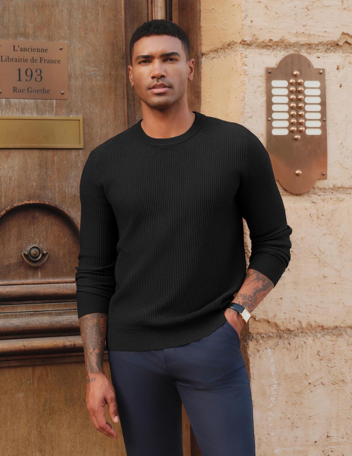 imagePJ PAUL JONES Mens Crewneck Sweaters Slim Fit Lightweight Knit Pullover Sweaters for CasualBlack