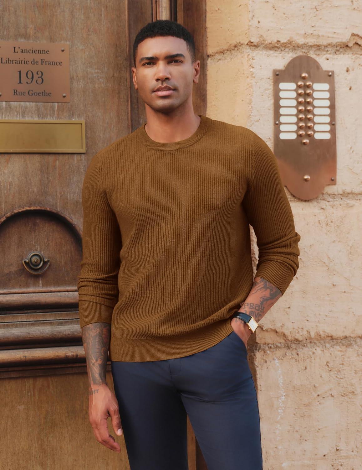 imagePJ PAUL JONES Mens Crewneck Sweaters Slim Fit Lightweight Knit Pullover Sweaters for CasualCoffee