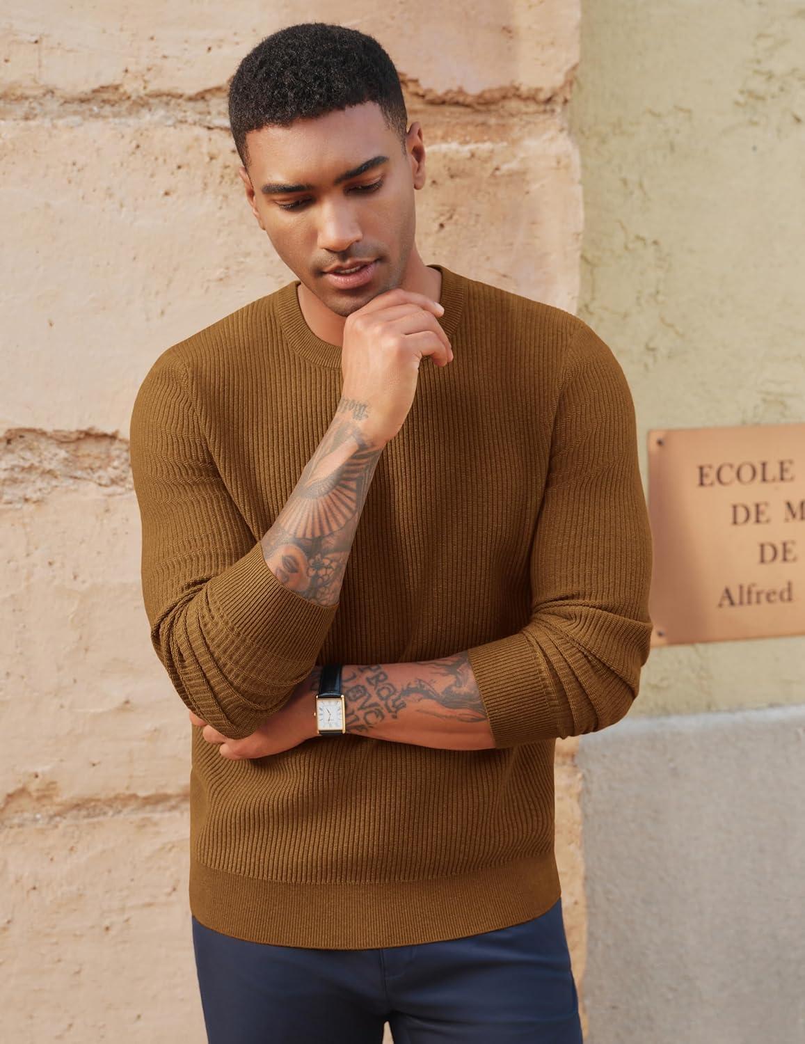 imagePJ PAUL JONES Mens Crewneck Sweaters Slim Fit Lightweight Knit Pullover Sweaters for CasualCoffee