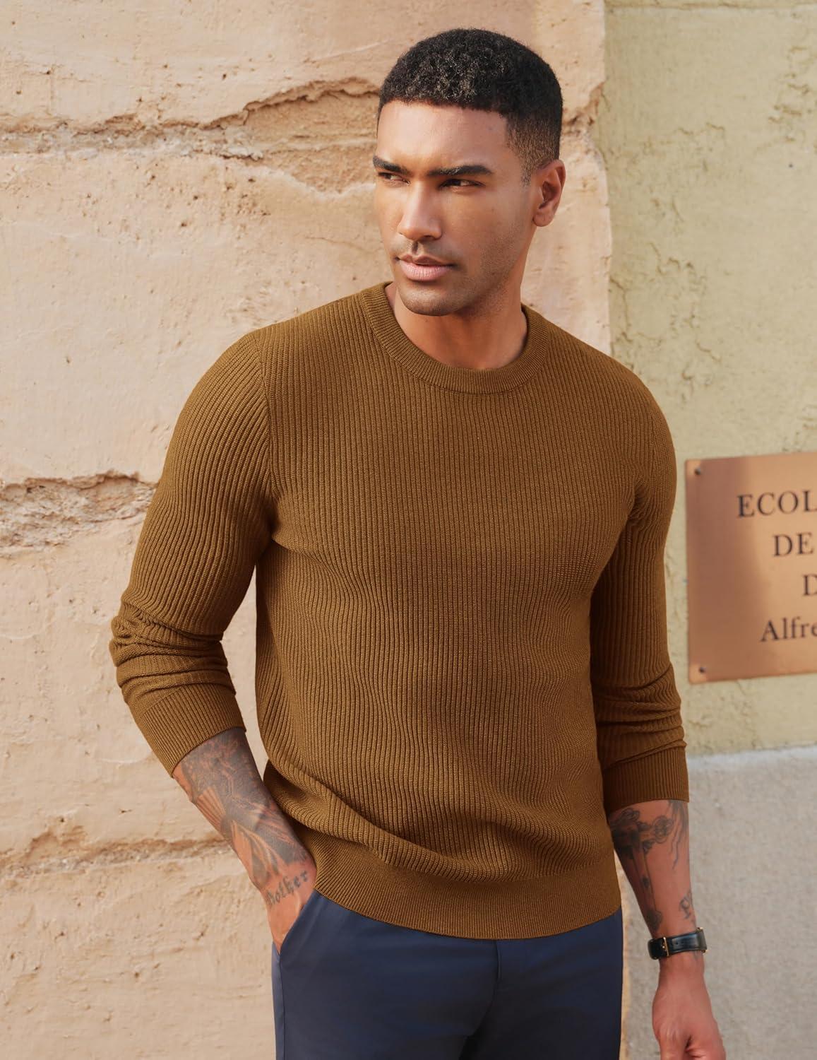 imagePJ PAUL JONES Mens Crewneck Sweaters Slim Fit Lightweight Knit Pullover Sweaters for CasualCoffee