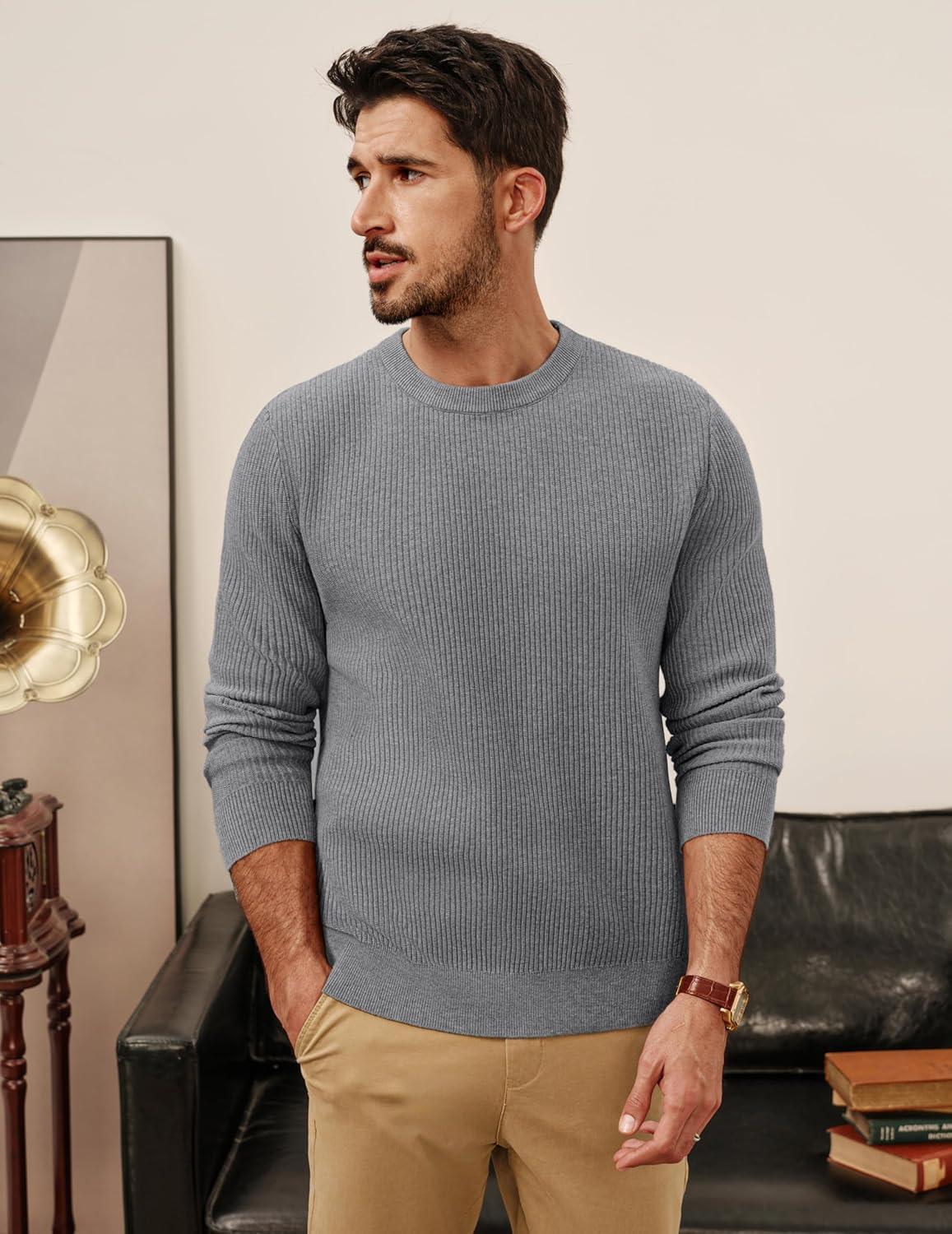 imagePJ PAUL JONES Mens Crewneck Sweaters Slim Fit Lightweight Knit Pullover Sweaters for CasualGray