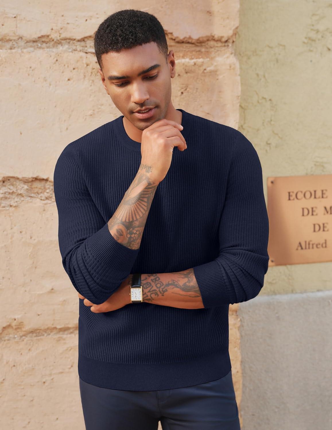 imagePJ PAUL JONES Mens Crewneck Sweaters Slim Fit Lightweight Knit Pullover Sweaters for CasualNavy Blue