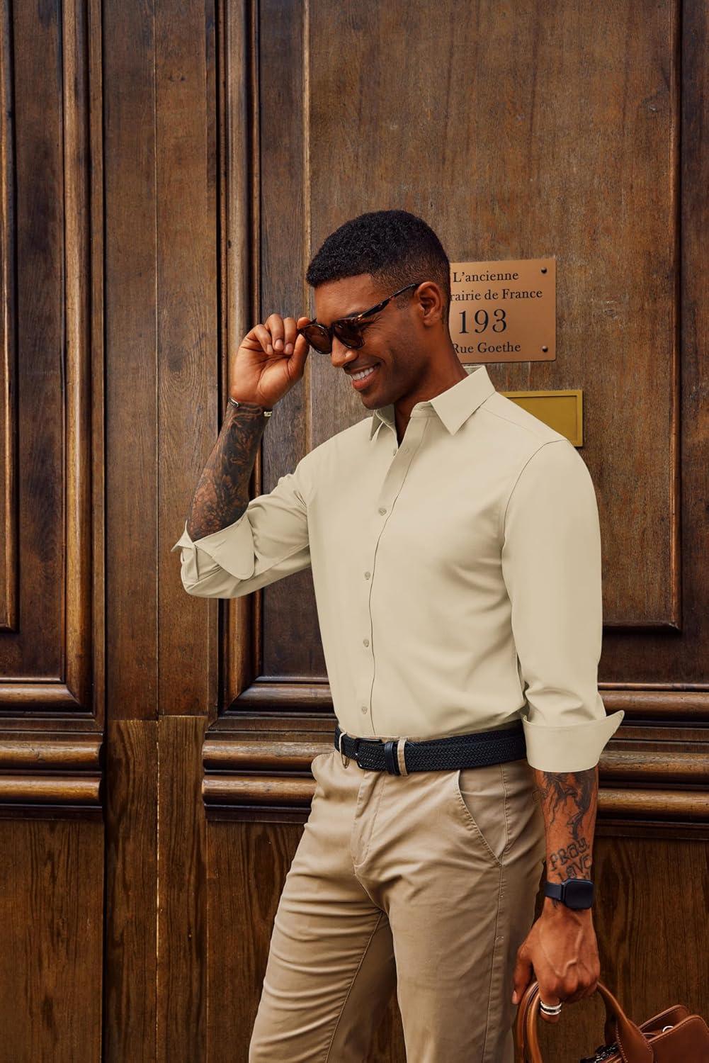 imagePJ PAUL JONES Mens Dress Shirts Wrinkle Free Stretch Button Down Shirt Casual Long Sleeve Business ShirtsApricot