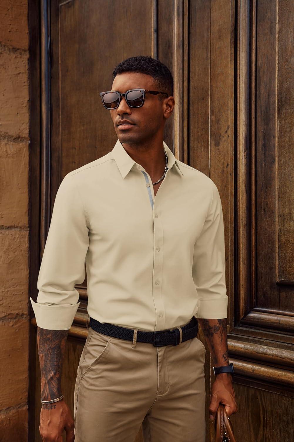 imagePJ PAUL JONES Mens Dress Shirts Wrinkle Free Stretch Button Down Shirt Casual Long Sleeve Business ShirtsApricot