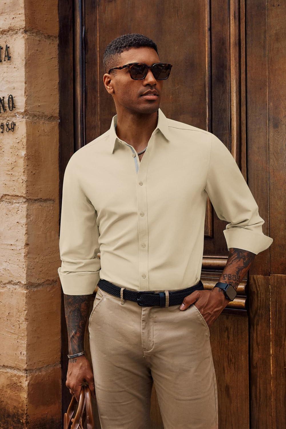 imagePJ PAUL JONES Mens Dress Shirts Wrinkle Free Stretch Button Down Shirt Casual Long Sleeve Business ShirtsApricot