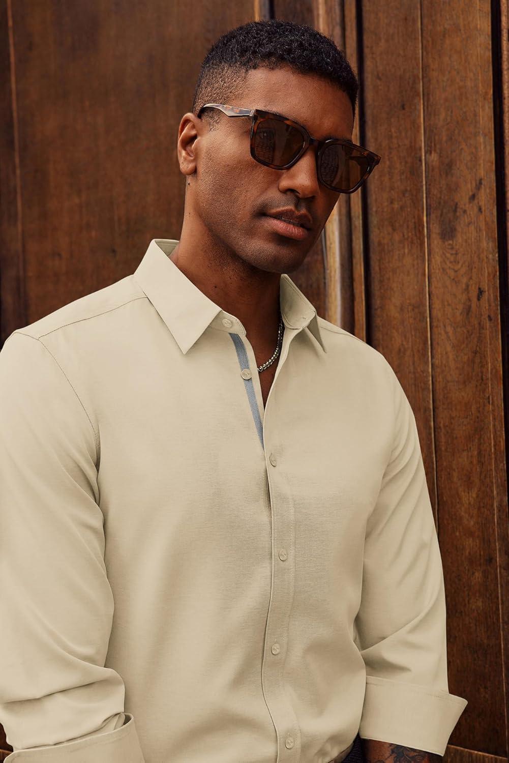 imagePJ PAUL JONES Mens Dress Shirts Wrinkle Free Stretch Button Down Shirt Casual Long Sleeve Business ShirtsApricot