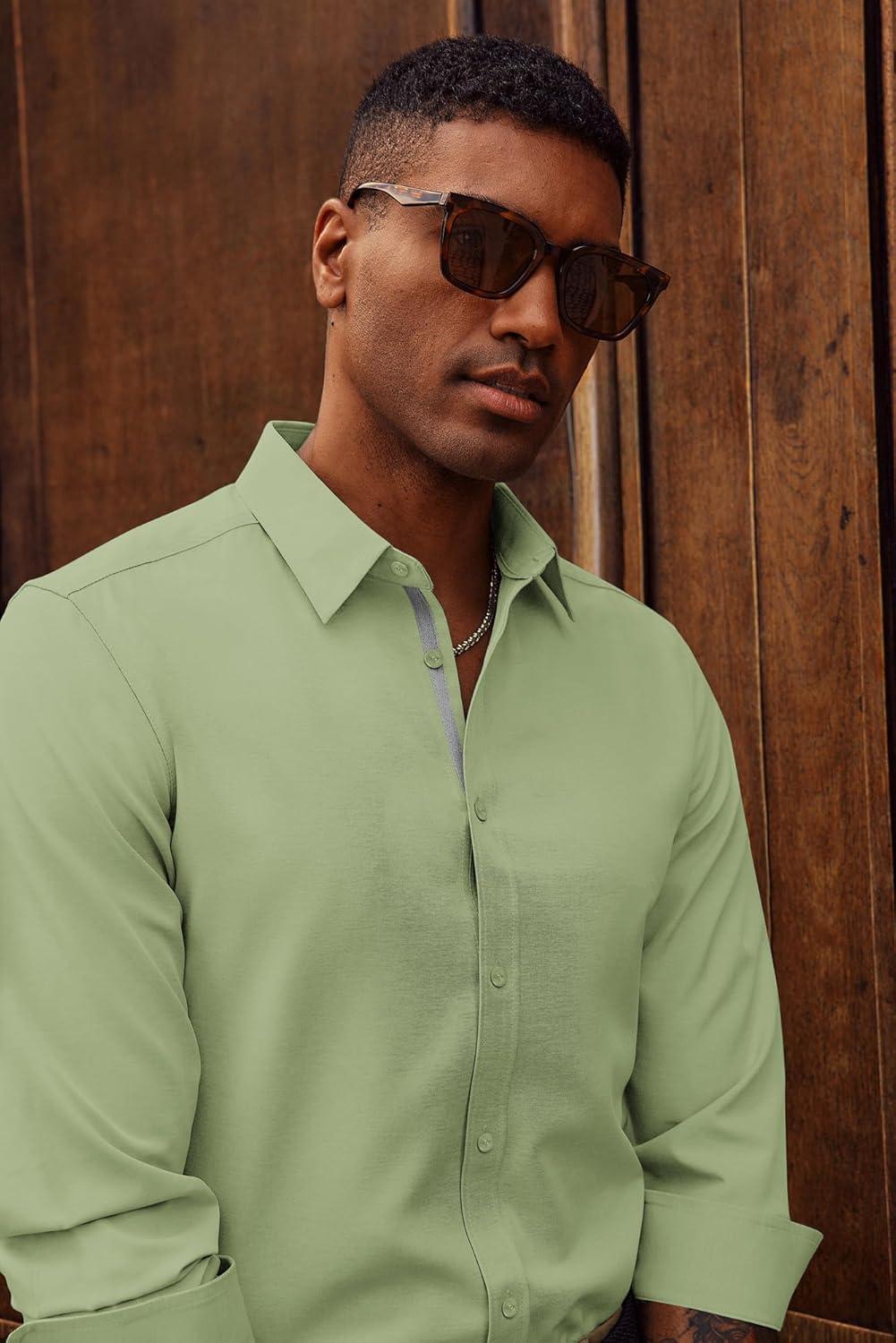 imagePJ PAUL JONES Mens Dress Shirts Wrinkle Free Stretch Button Down Shirt Casual Long Sleeve Business ShirtsLime Green