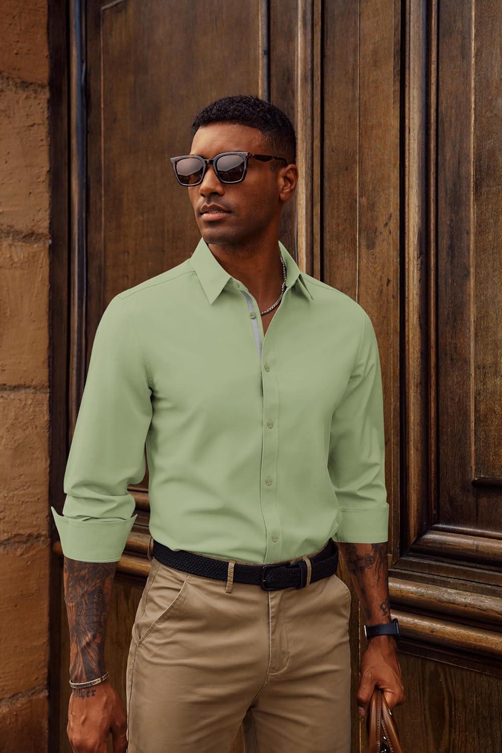 imagePJ PAUL JONES Mens Dress Shirts Wrinkle Free Stretch Button Down Shirt Casual Long Sleeve Business ShirtsLime Green