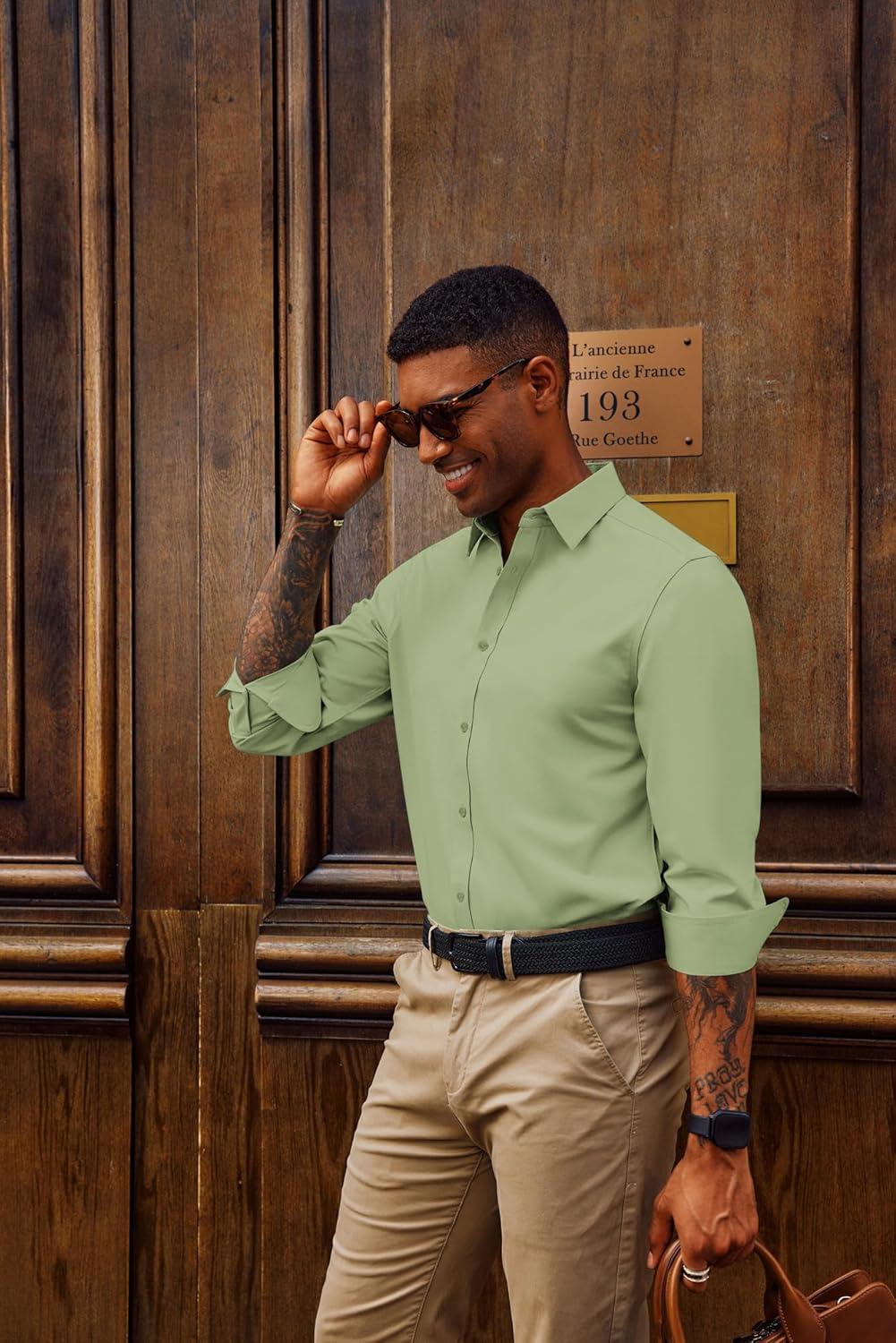 imagePJ PAUL JONES Mens Dress Shirts Wrinkle Free Stretch Button Down Shirt Casual Long Sleeve Business ShirtsLime Green