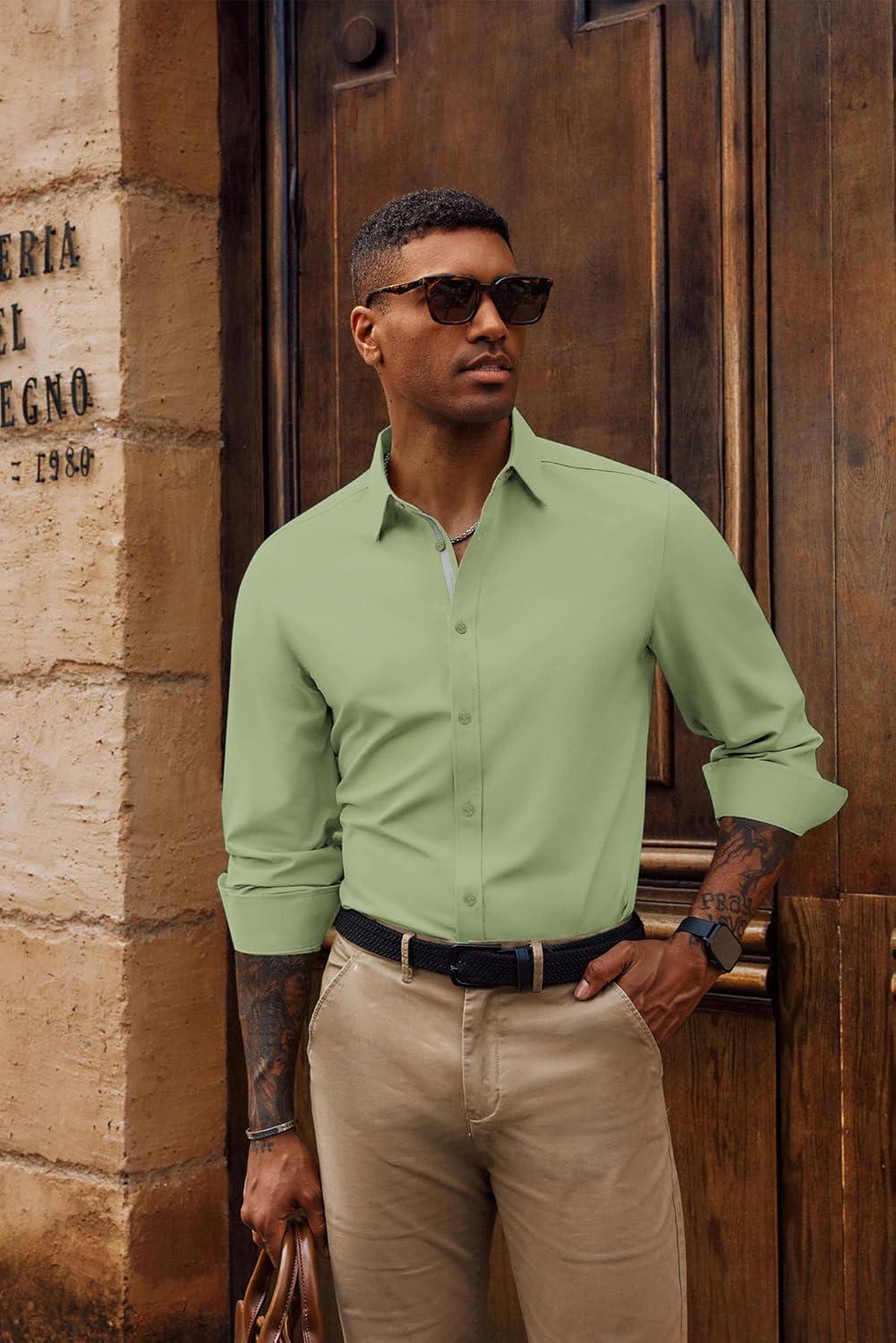 imagePJ PAUL JONES Mens Dress Shirts Wrinkle Free Stretch Button Down Shirt Casual Long Sleeve Business ShirtsLime Green