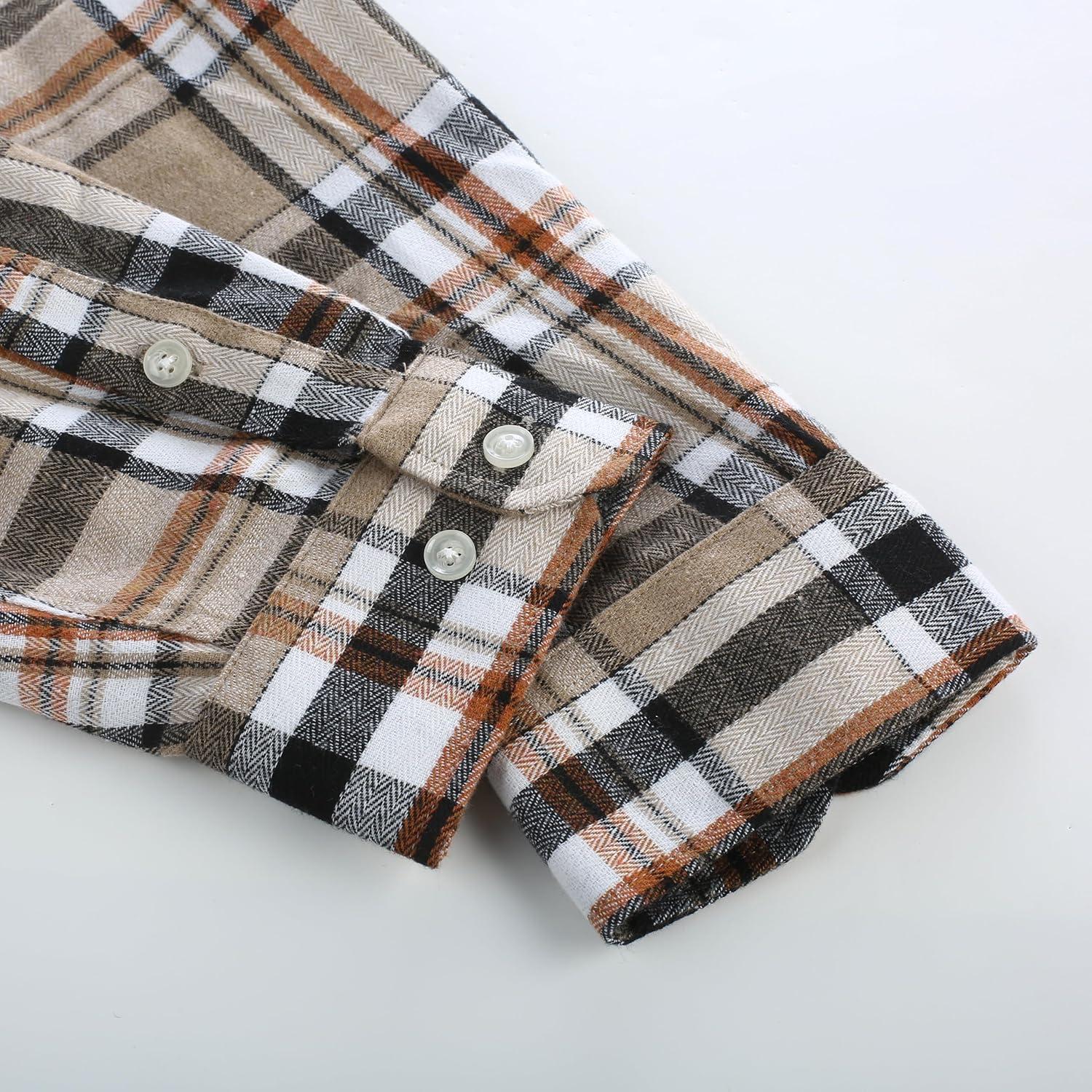 imagePJ PAUL JONES Mens Flannel Plaid Shirt Casual Long Sleeve Button Down Shirts with PocketsBeige