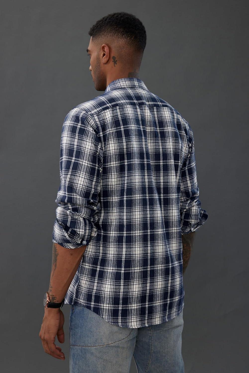 imagePJ PAUL JONES Mens Flannel Plaid Shirt Casual Long Sleeve Button Down Shirts with PocketsBlue White