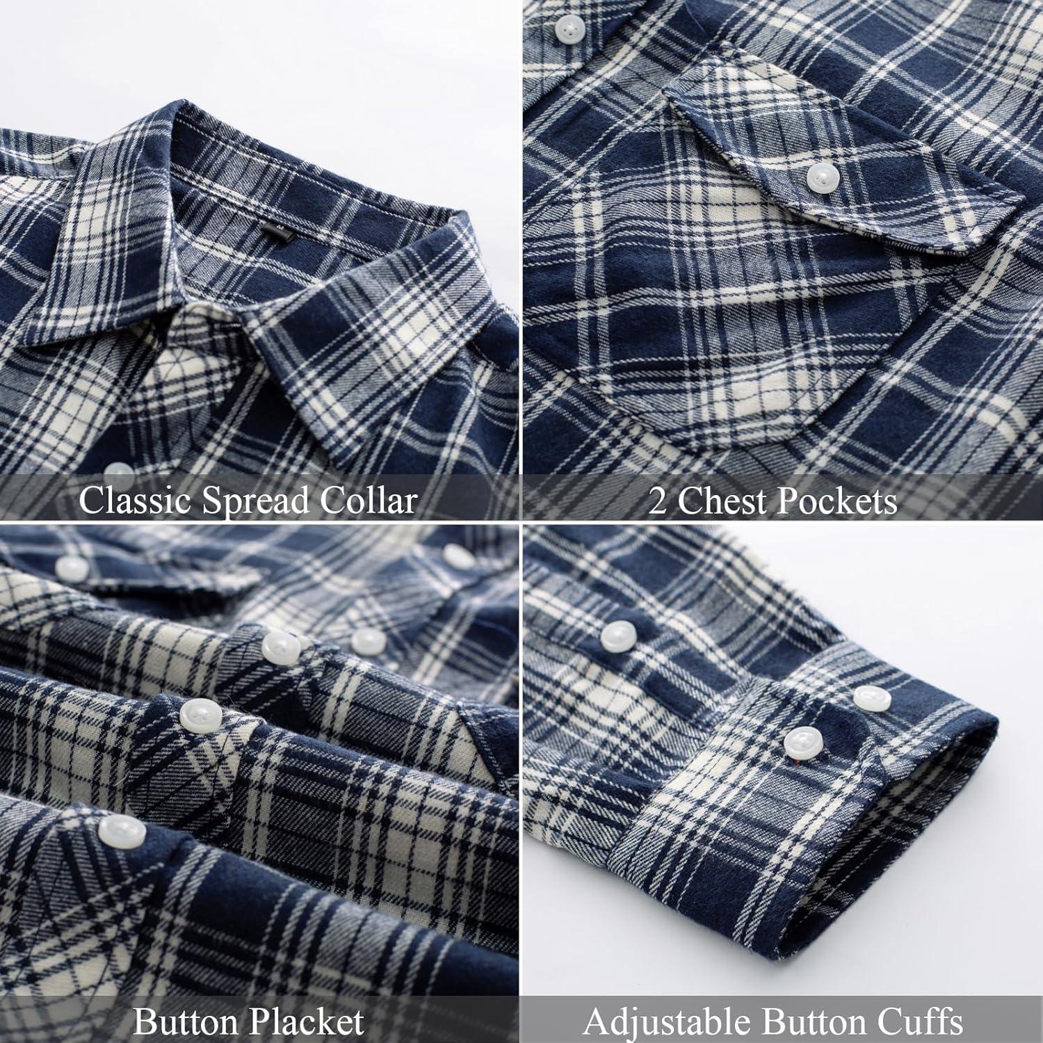 imagePJ PAUL JONES Mens Flannel Plaid Shirt Casual Long Sleeve Button Down Shirts with PocketsBlue White