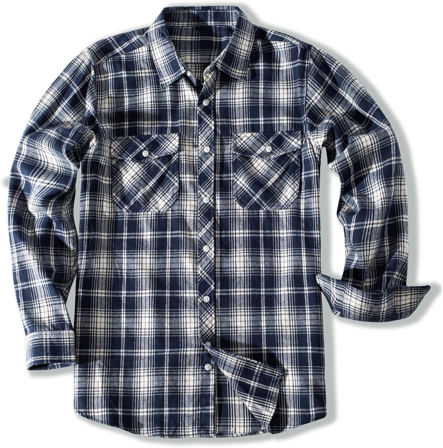 imagePJ PAUL JONES Mens Flannel Plaid Shirt Casual Long Sleeve Button Down Shirts with PocketsBlue White