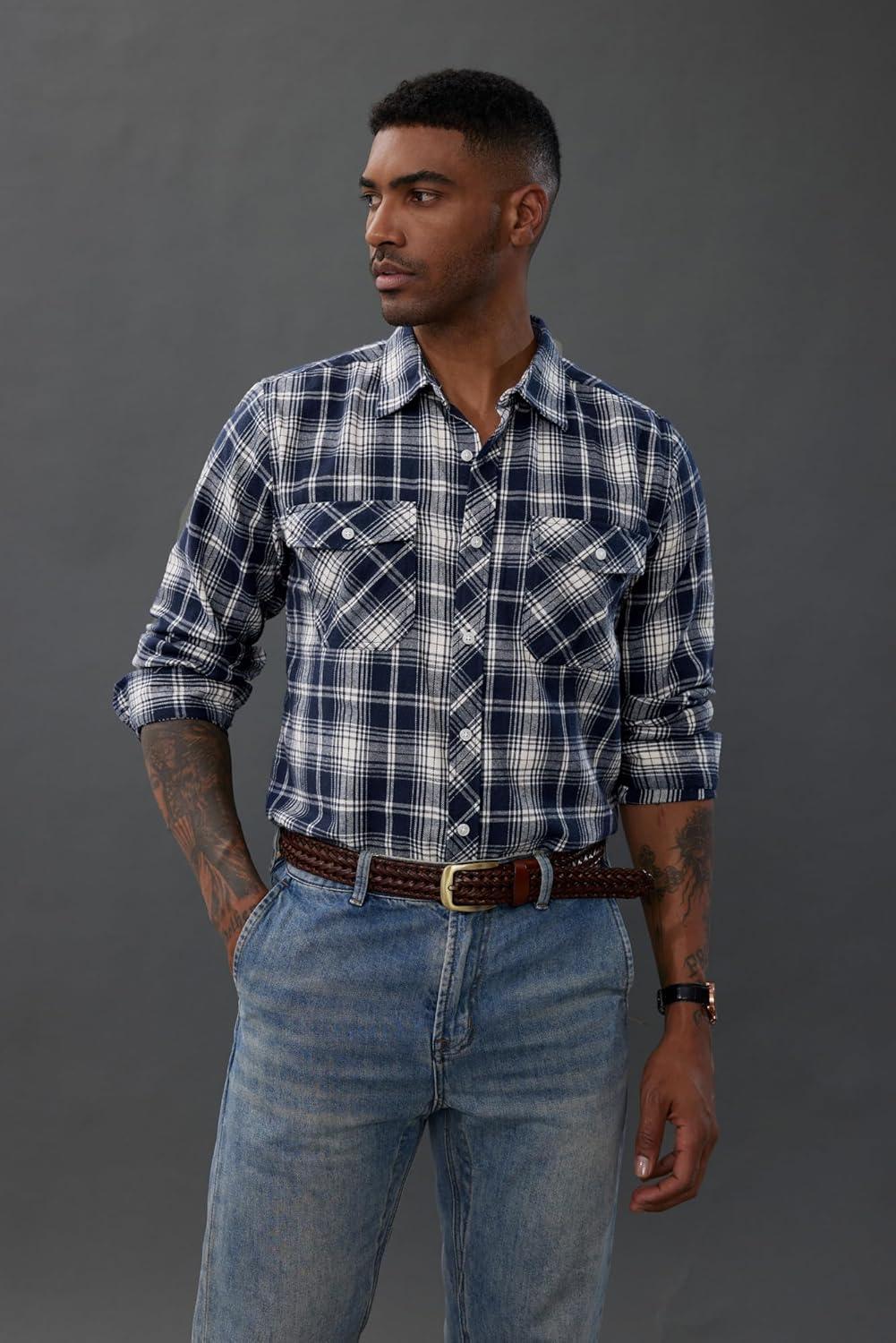 imagePJ PAUL JONES Mens Flannel Plaid Shirt Casual Long Sleeve Button Down Shirts with PocketsBlue White