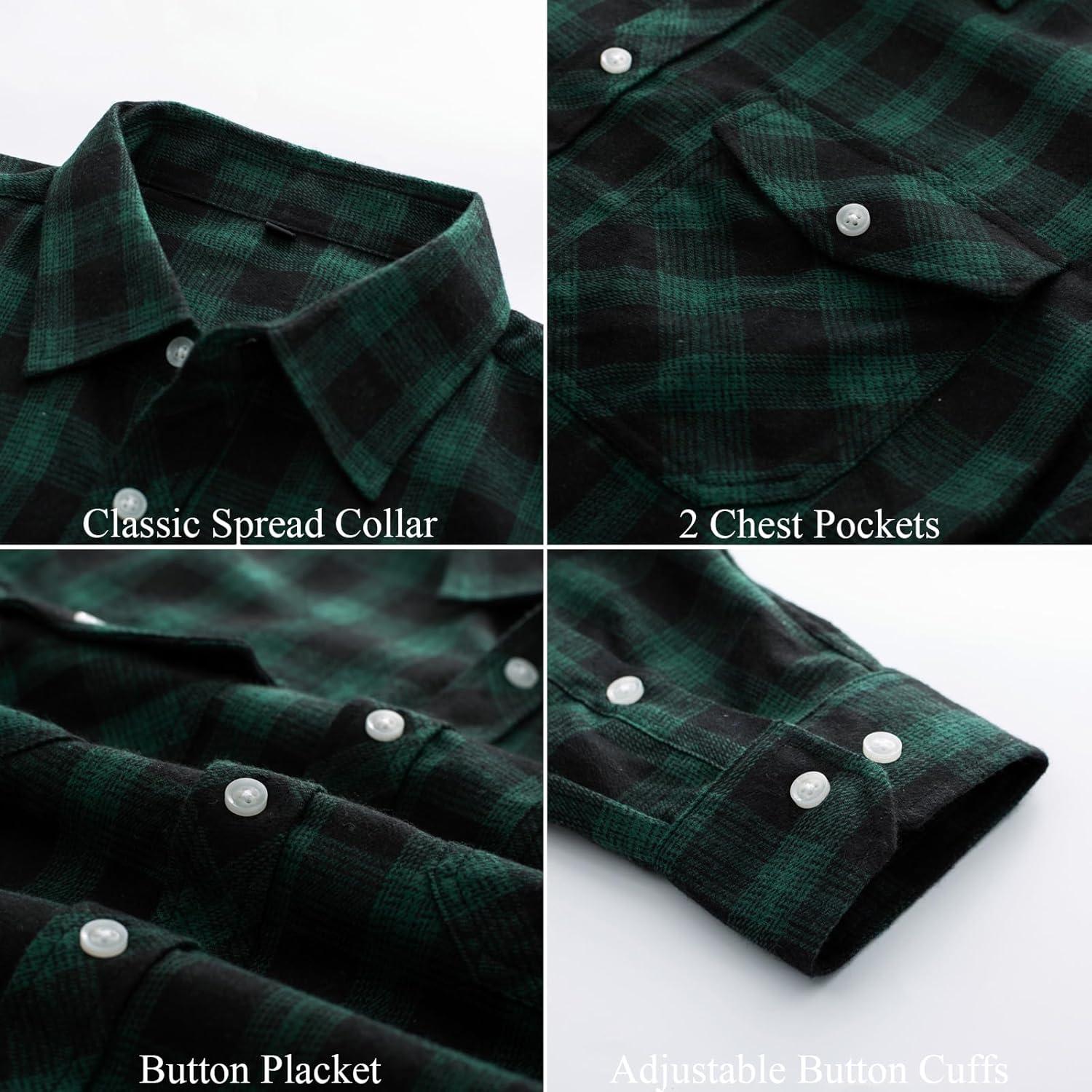 imagePJ PAUL JONES Mens Flannel Plaid Shirt Casual Long Sleeve Button Down Shirts with PocketsDark Green