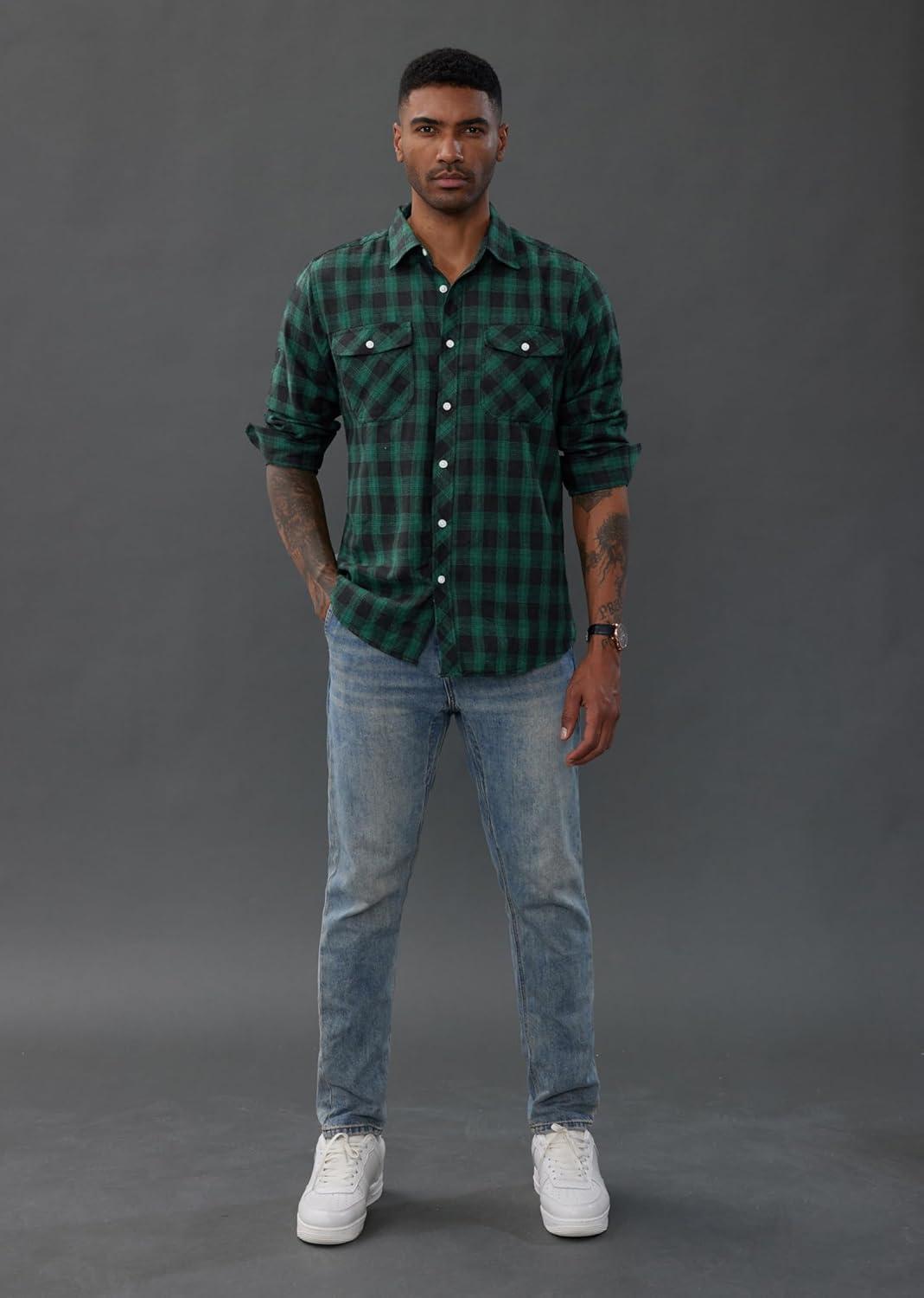 imagePJ PAUL JONES Mens Flannel Plaid Shirt Casual Long Sleeve Button Down Shirts with PocketsDark Green